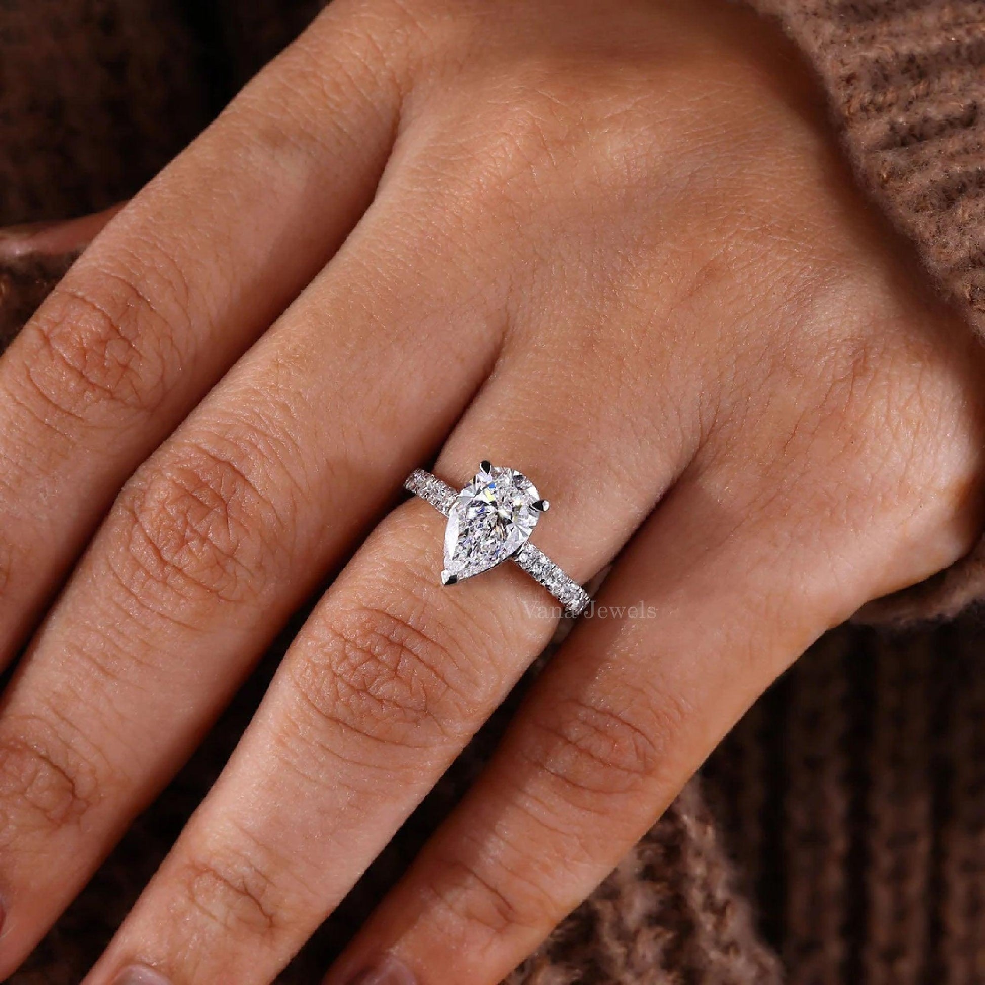 Pear Shaped Lab Grown Diamond Pave Engagement Ring - Vana Jewels