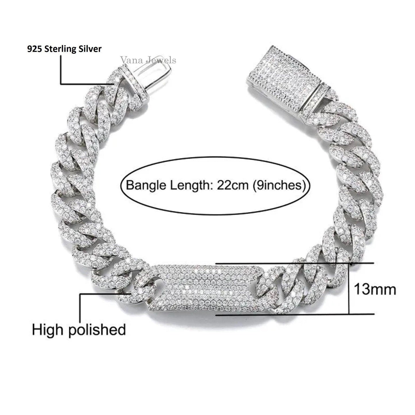 13 MM VVS Moissanite Diamond Cuban Bracelet, Hip Hop Miami Cuban Bracelet for Men, 925 Sterling Silver Bracelet - Vana Jewels