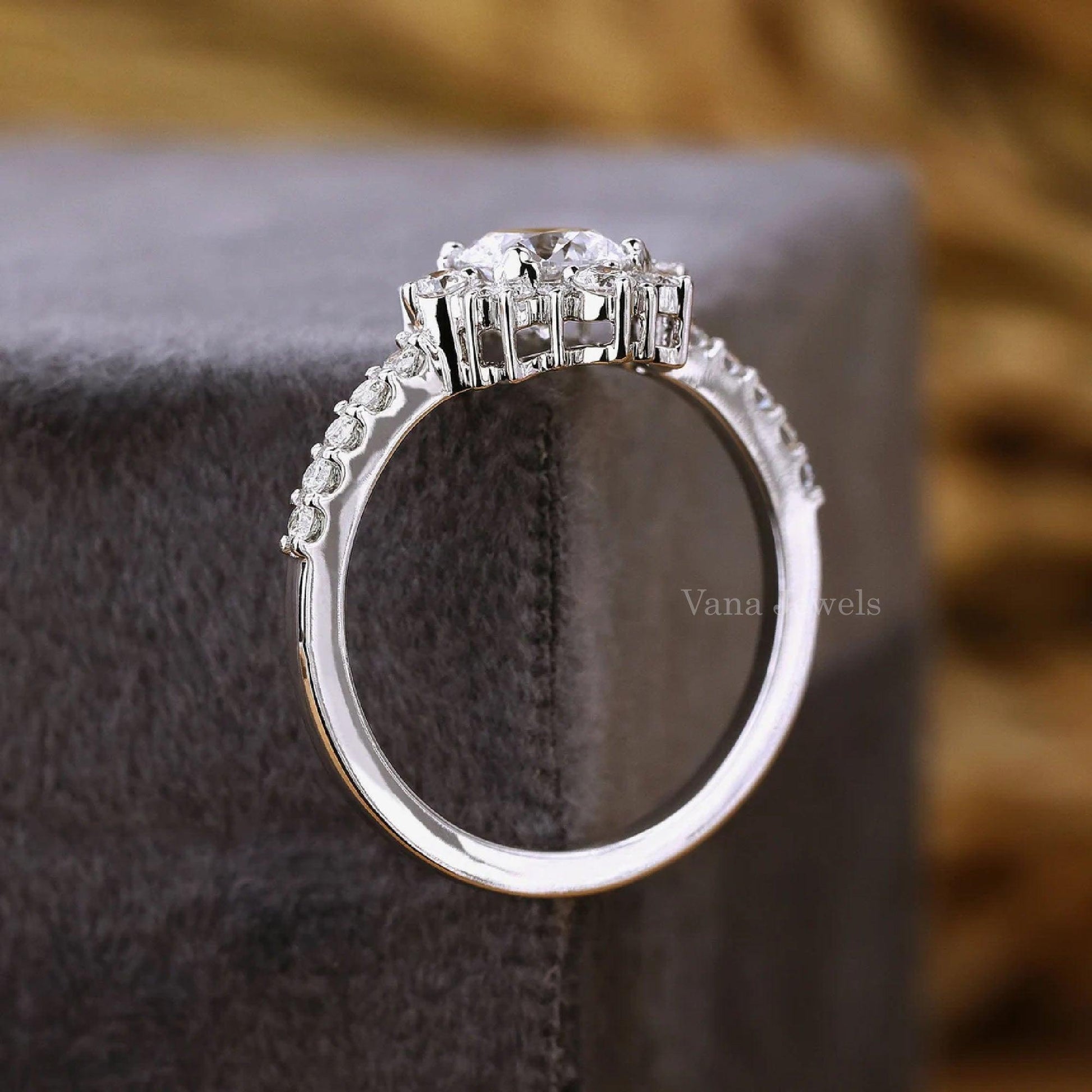 Unique Round Cut Halo Lab Grown Diamond Engagement Ring - Vana Jewels