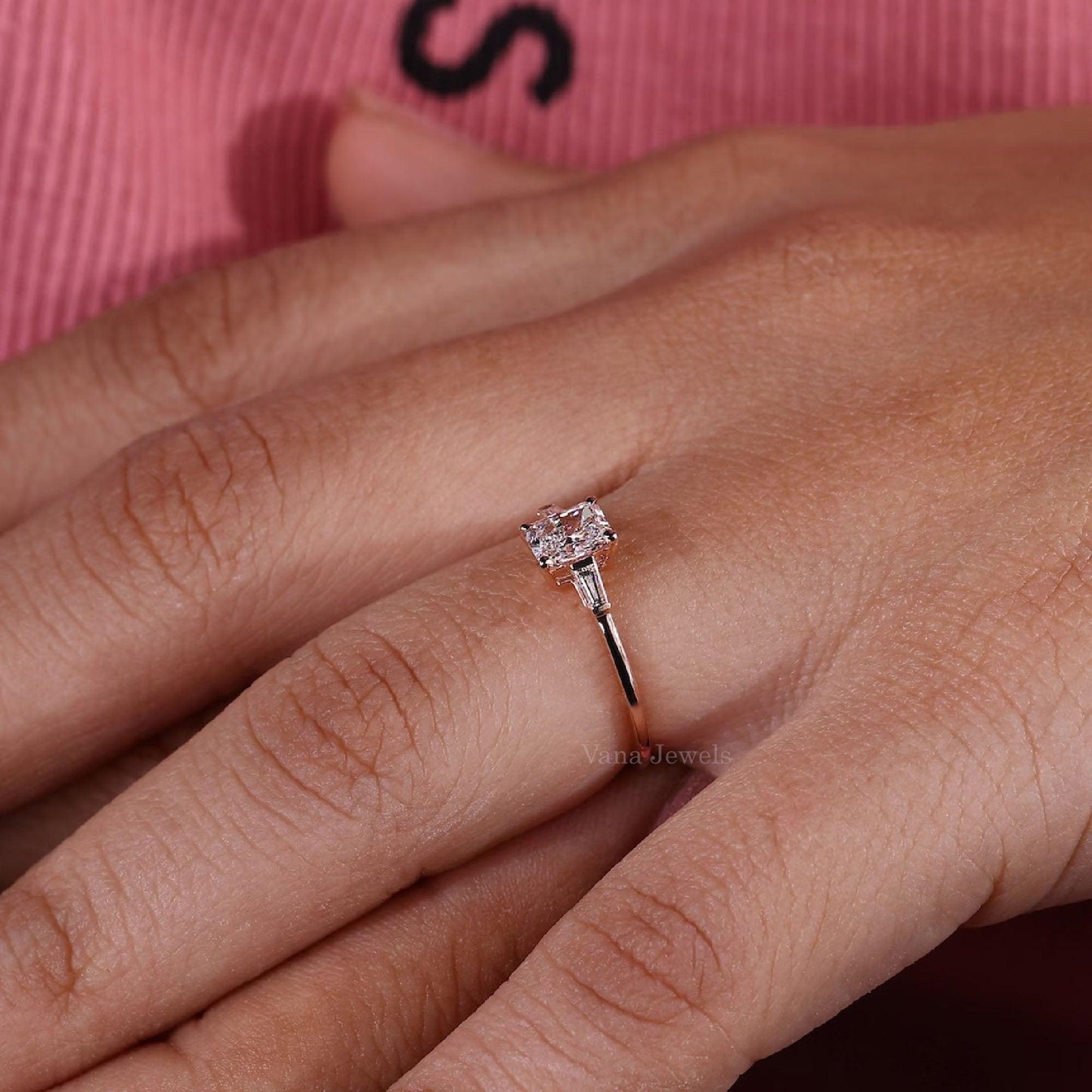 Radiant Cut Lab Grown Diamond Engagement Ring with Baguette Accents in Rose Gold - Vana Jewels