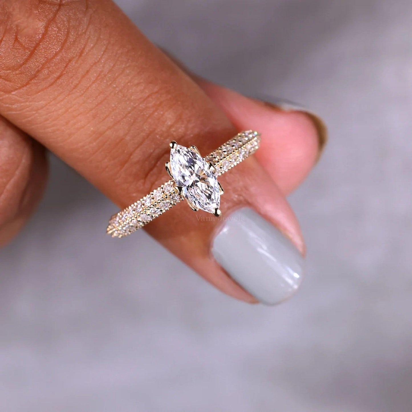 Unique Vintage Marquise Cut Lab Grown Diamond Engagement Ring, Three Side Pave Set Wedding Ring - Vana Jewels