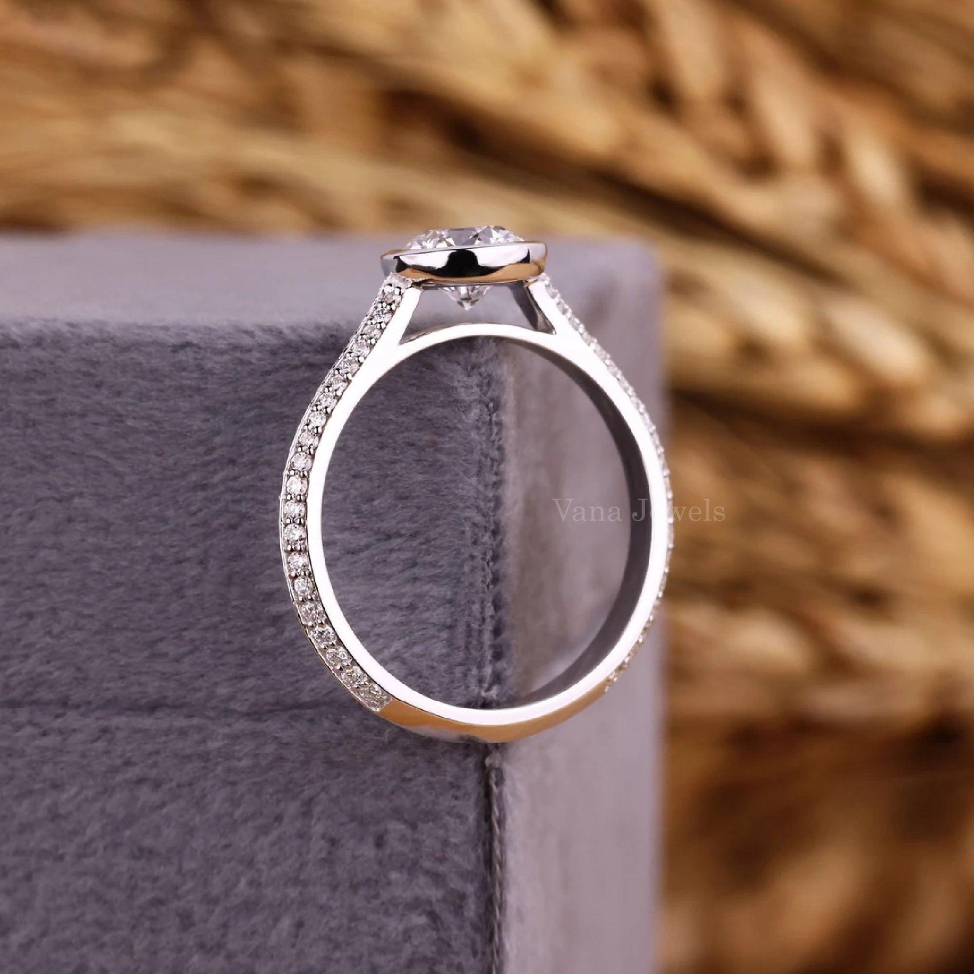 Unique Round Cut Lab Grown Diamond Bezel Set Engagement Ring, Knife Edge Anniversary Ring - Vana Jewels