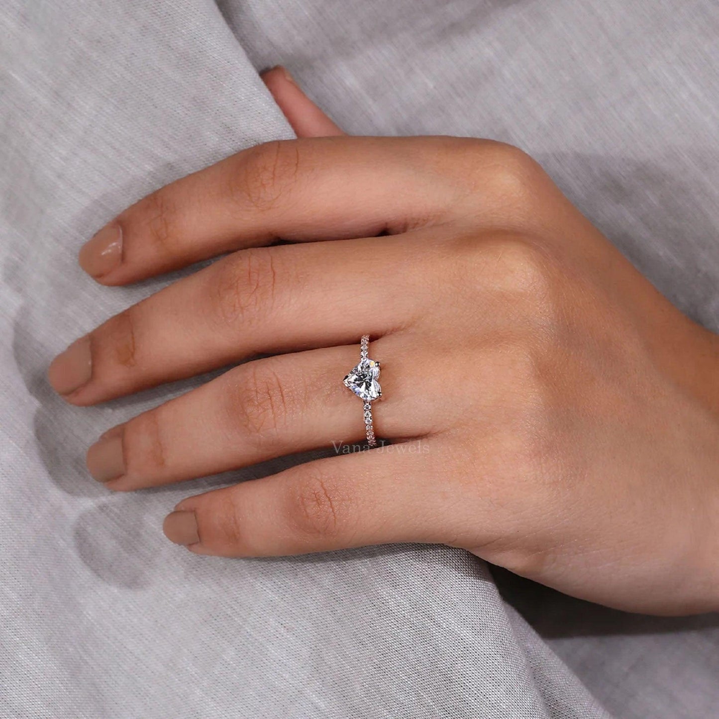 Unique Heart Diamond Engagement Ring, Lab Grown Diamond Pave Set Ring for Life Partner - Vana Jewels