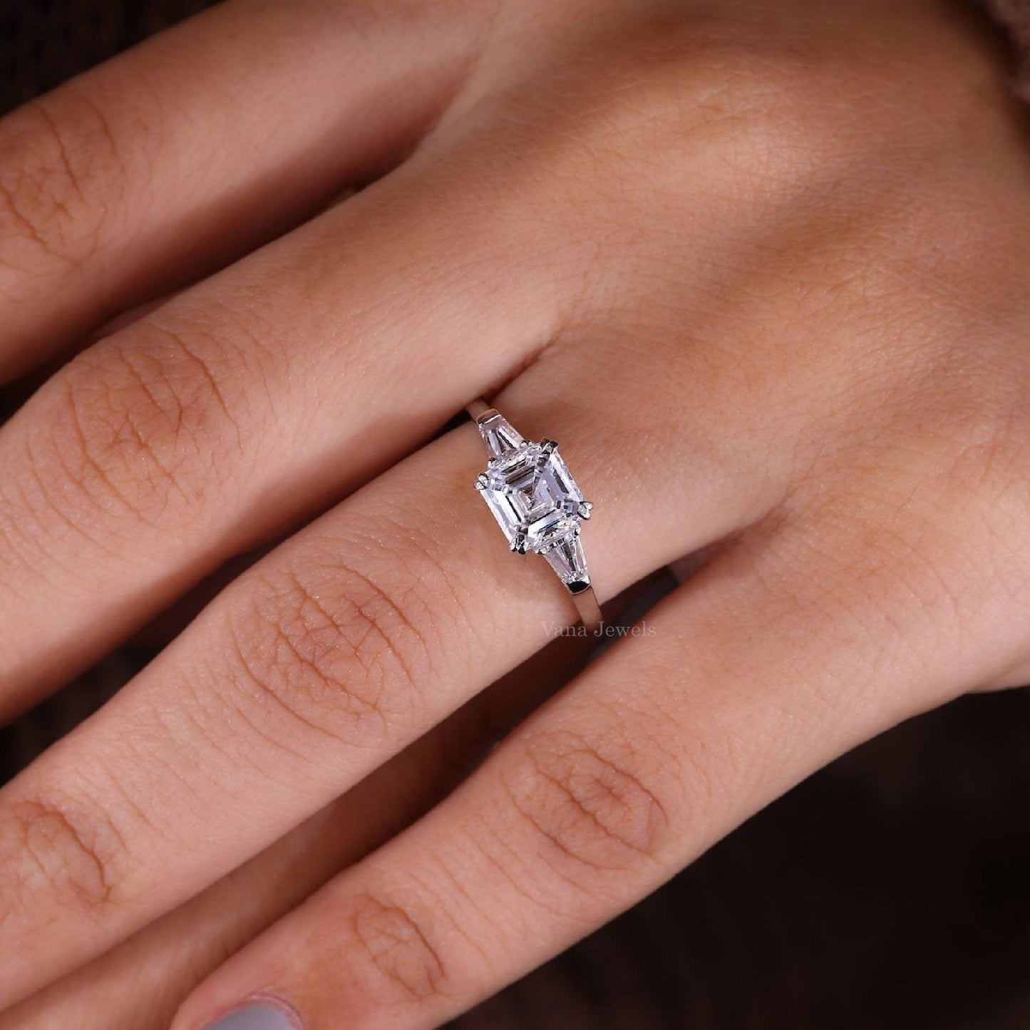 Unique Three Stone Asscher Cut Lab Grown Diamond Engagement Ring - Vana Jewels