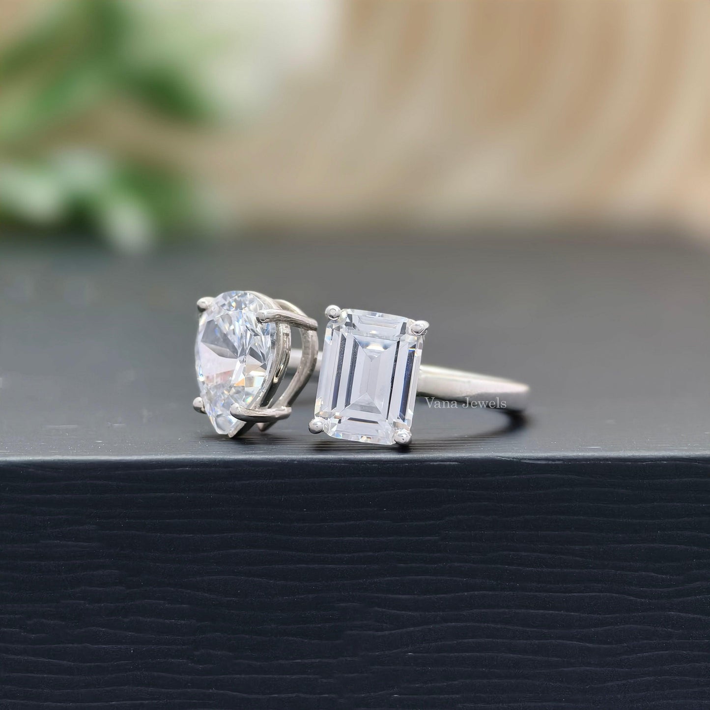 Pear & Emerald Cut Moissanite Two Stone Engagement Ring, Toi Et Moi Ring. - Vana Jewels