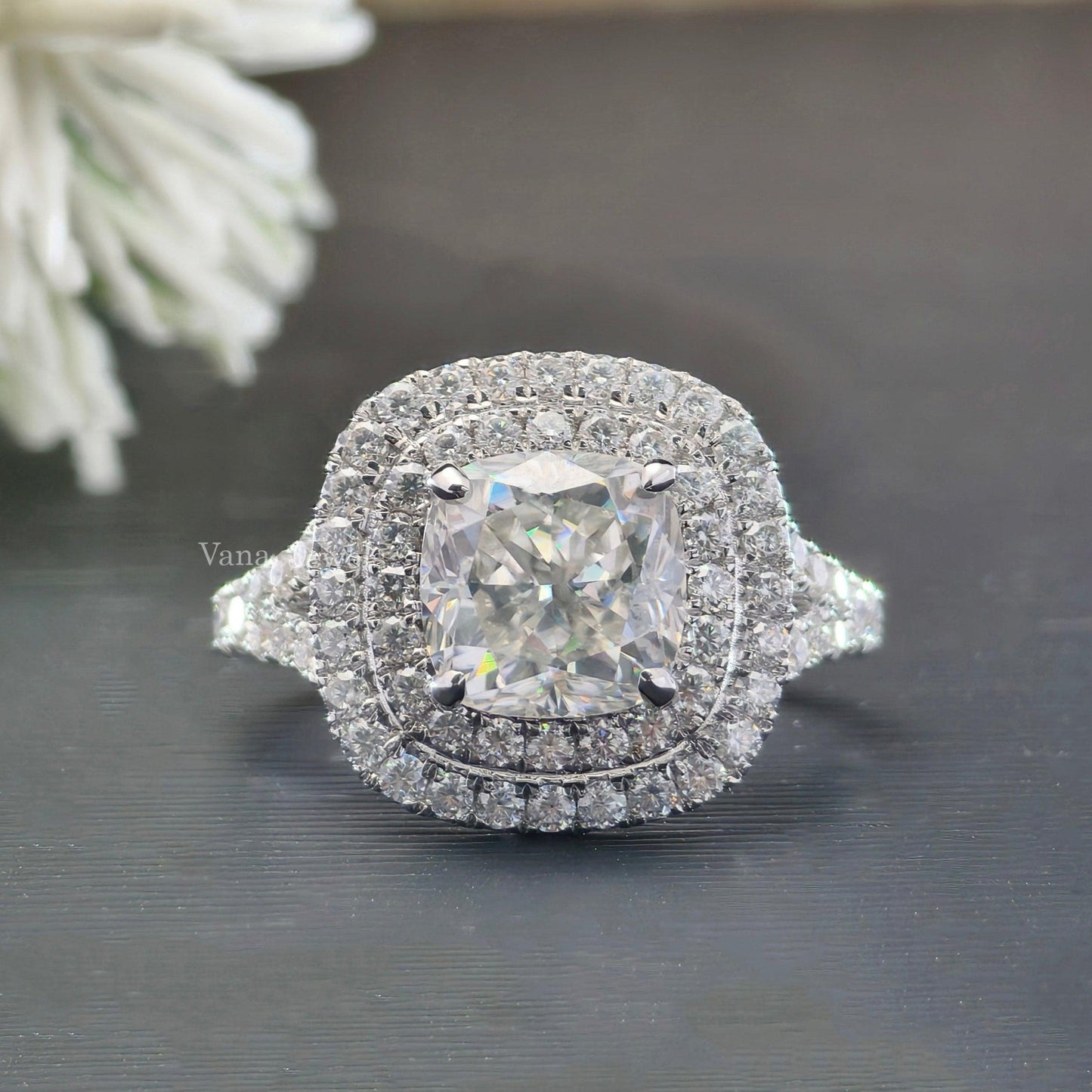 2.00 CT Cushion Cut Moissanite Double Halo Engagement Ring , Pave Set Moissanite Ring. - Vana Jewels