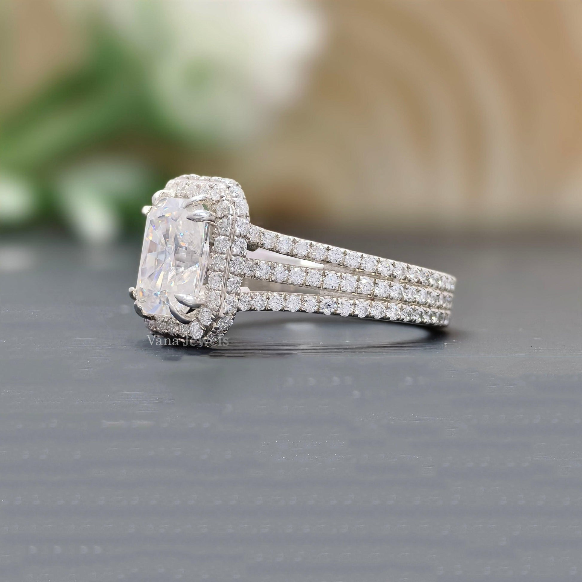 3.92 TCW Radiant Cut Moissanite Engagement Ring, Split Shank Ring, Celebrity Style Hidden Halo Ring - Vana Jewels