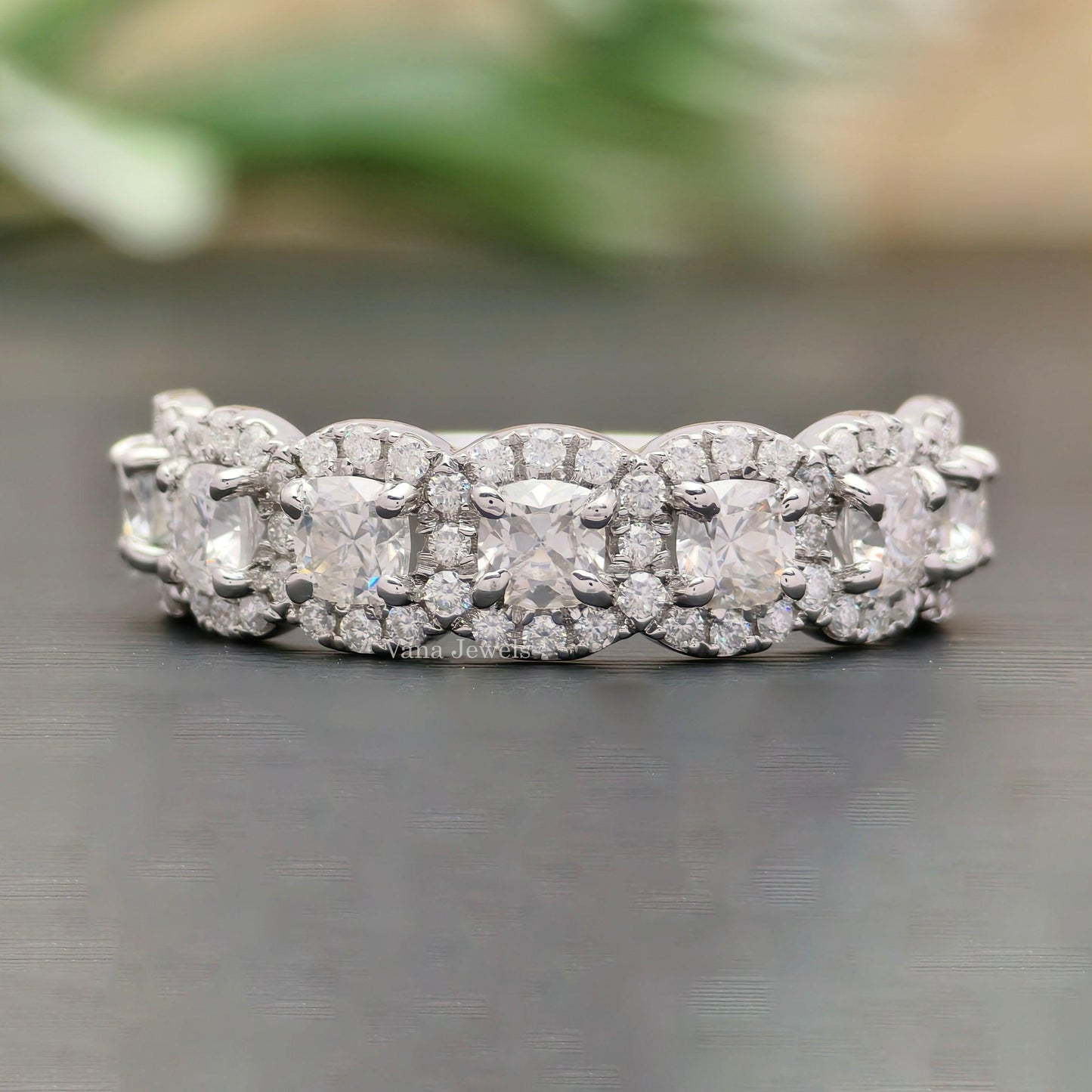 1.42 TCW Cushion Cut Moissanite Band, 7 Stone Square Cushion Cut Halo Eternity Band - Vana Jewels