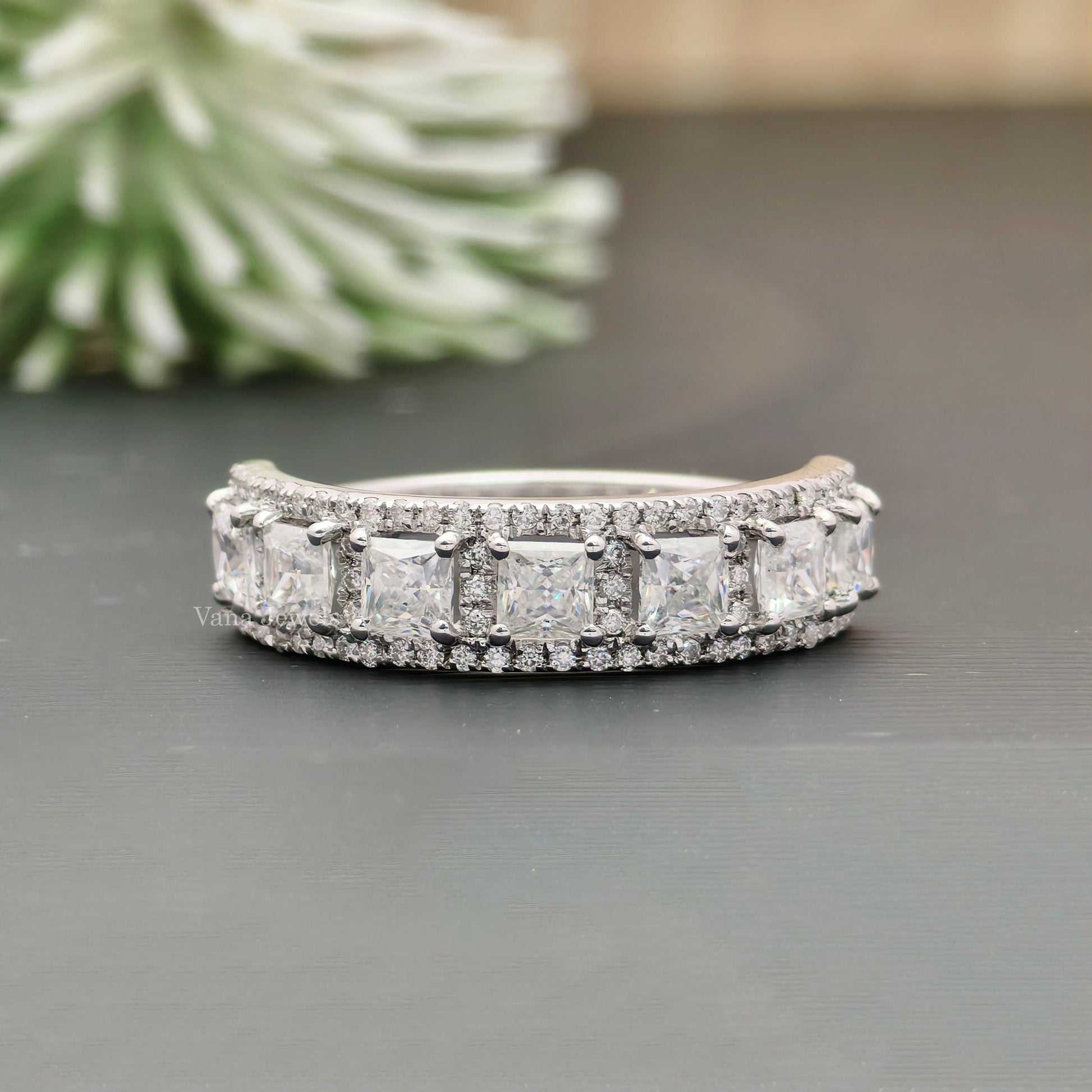 1.47 TCW Princess Cut Moissanite Halo Wedding Band, Square Moissanite Band - Vana Jewels