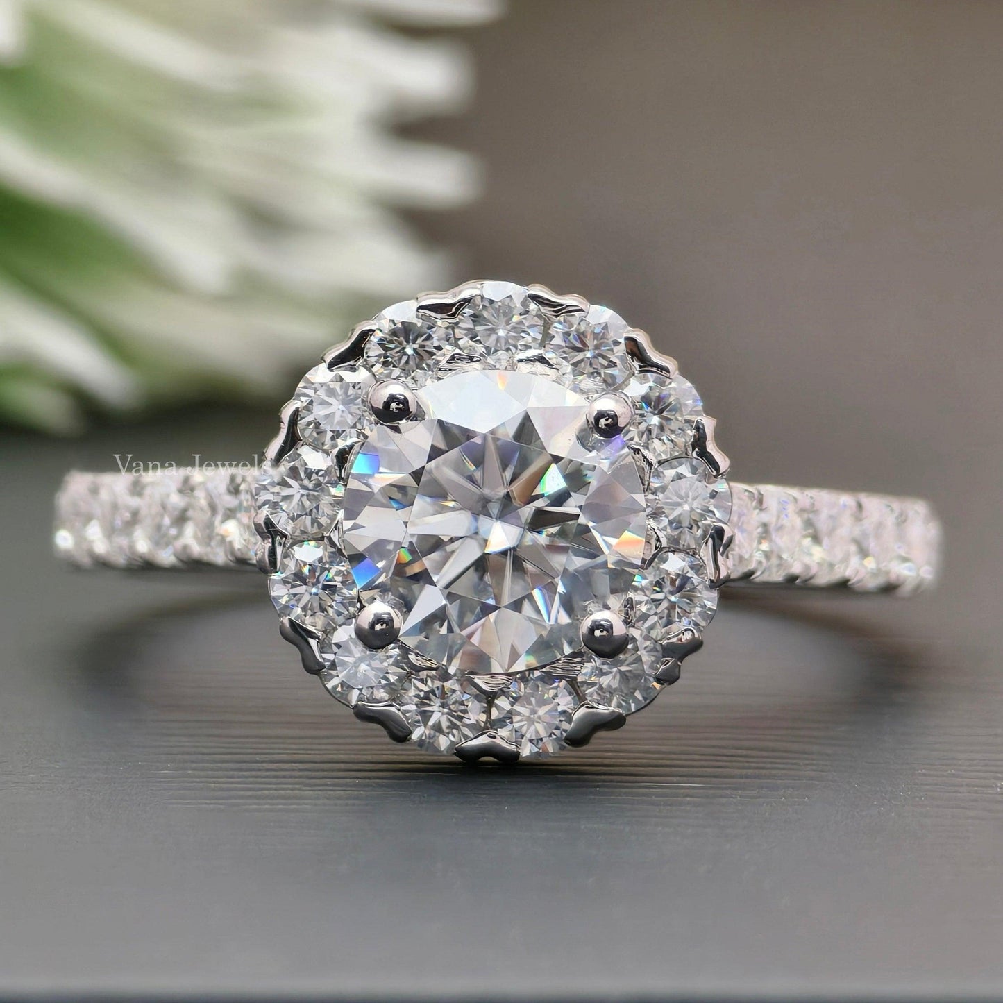 1.07 CT Round Cut Halo Moissanite Engagement Ring - Vana Jewels