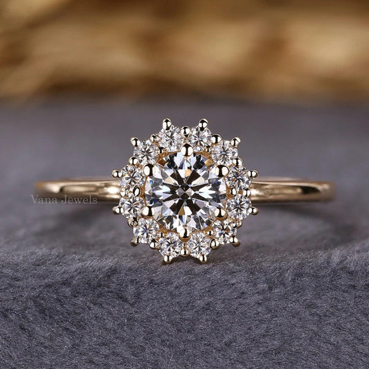 Unique Round Cut Lab Grown Diamond Cluster Halo Engagement Ring - Vana Jewels