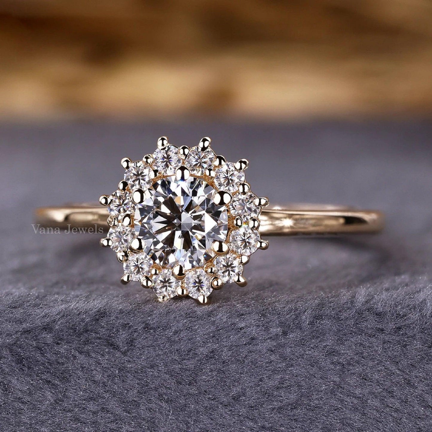 Unique Round Cut Lab Grown Diamond Cluster Halo Engagement Ring - Vana Jewels