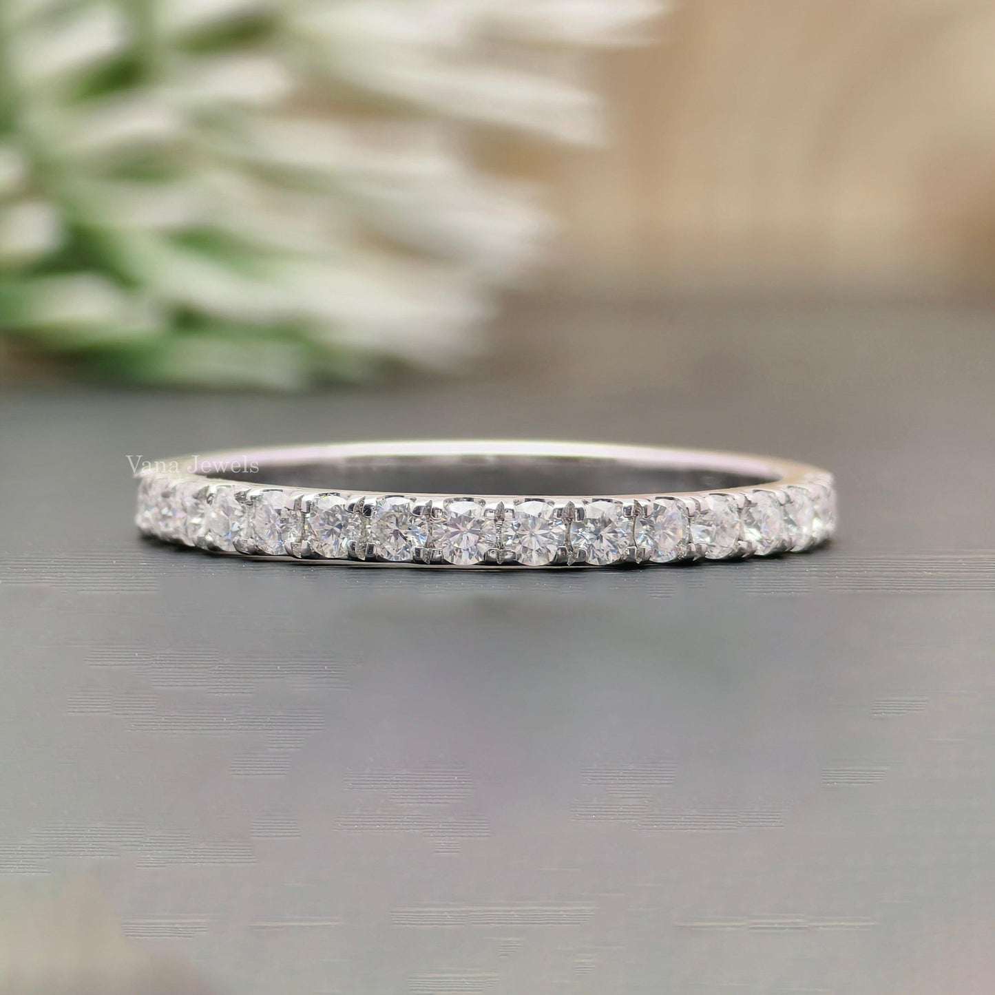 1.70 MM Round Cut Moissanite Half Eternity Wedding Band, Stackable Minimalist Promise Ring - Vana Jewels