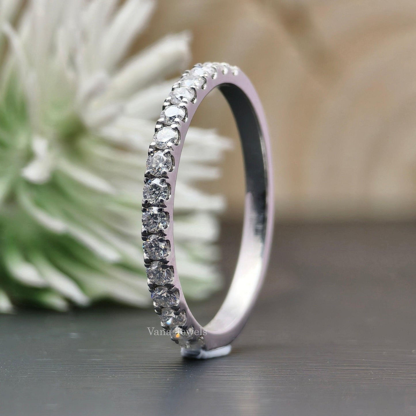 1.70 MM Round Cut Moissanite Half Eternity Wedding Band, Stackable Minimalist Promise Ring - Vana Jewels