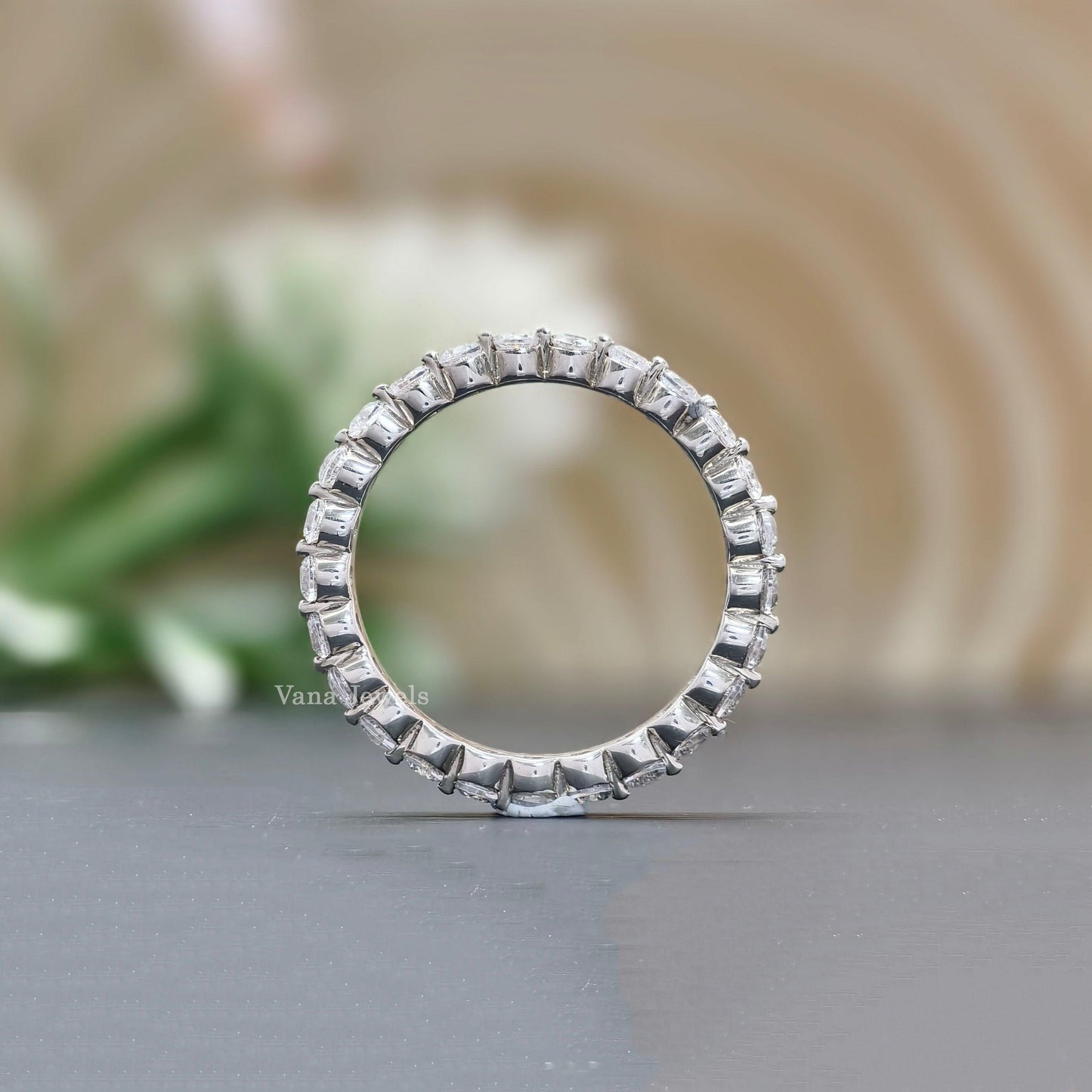 Round Cut Colorless Moissanite Wedding Band, Minimalist Bridal Matching Band, Vintage Stackable Band - Vana Jewels