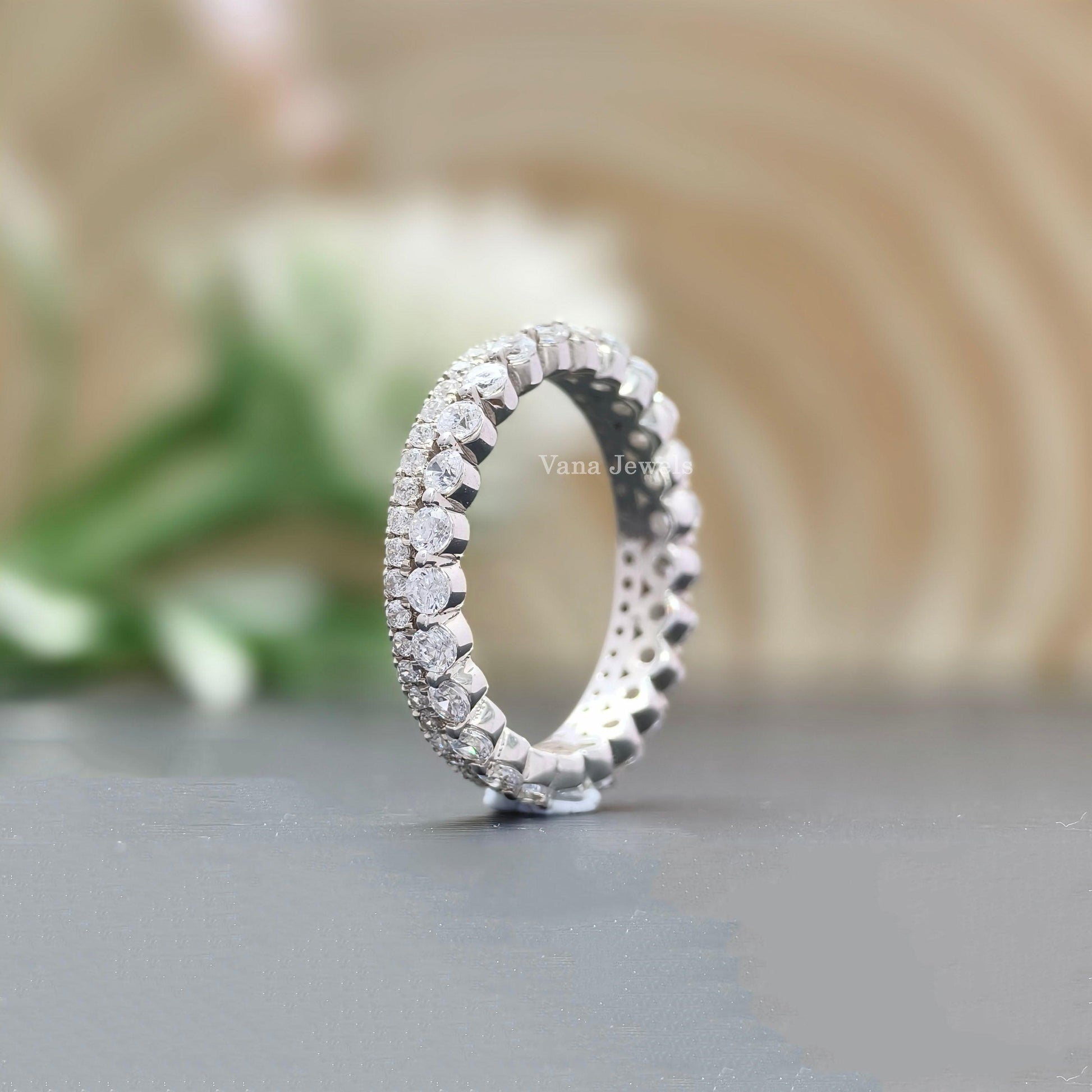 Round Cut Colorless Moissanite Wedding Band, Minimalist Bridal Matching Band, Vintage Stackable Band - Vana Jewels