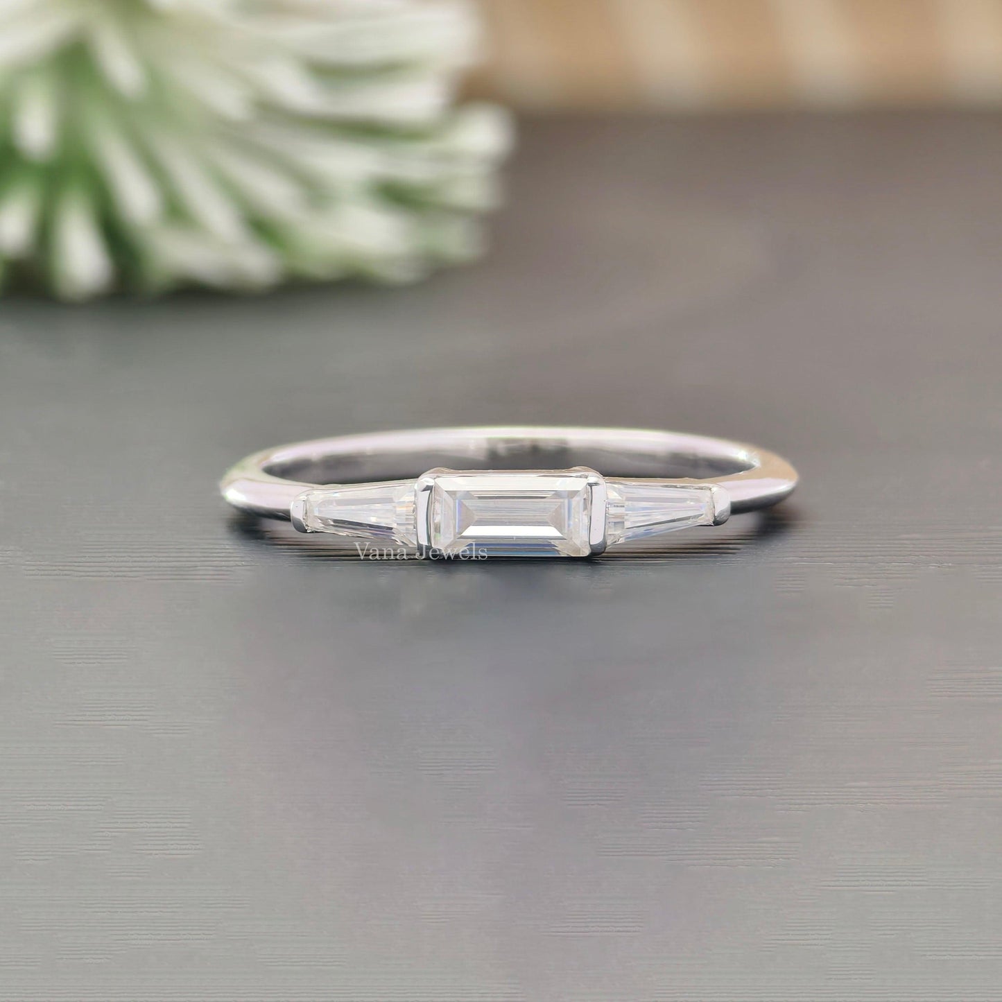 Baguette & Tapered Baguette Colorless Moissanite Ring, Three Stone Wedding Band - Vana Jewels