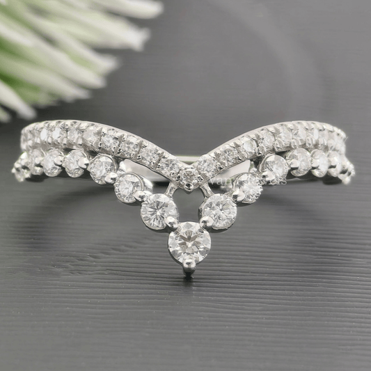 Classic Curvy Style pave Set Moissanite Wedding Band, Double Layer Half Eternity Band, Enhancer Ring - Vana Jewels