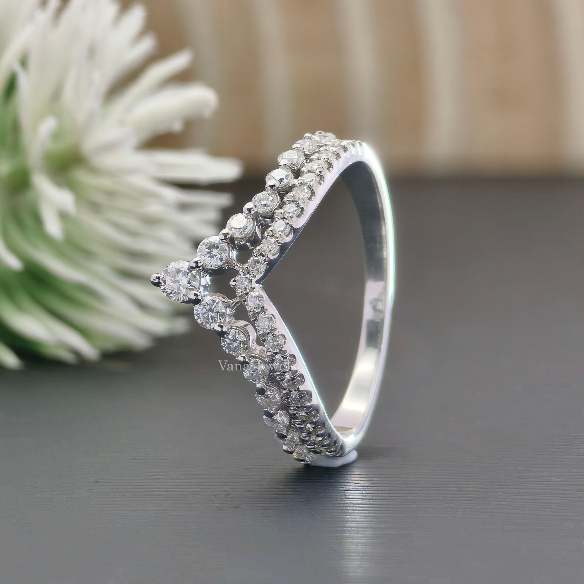 Classic Curvy Style pave Set Moissanite Wedding Band, Double Layer Half Eternity Band, Enhancer Ring - Vana Jewels