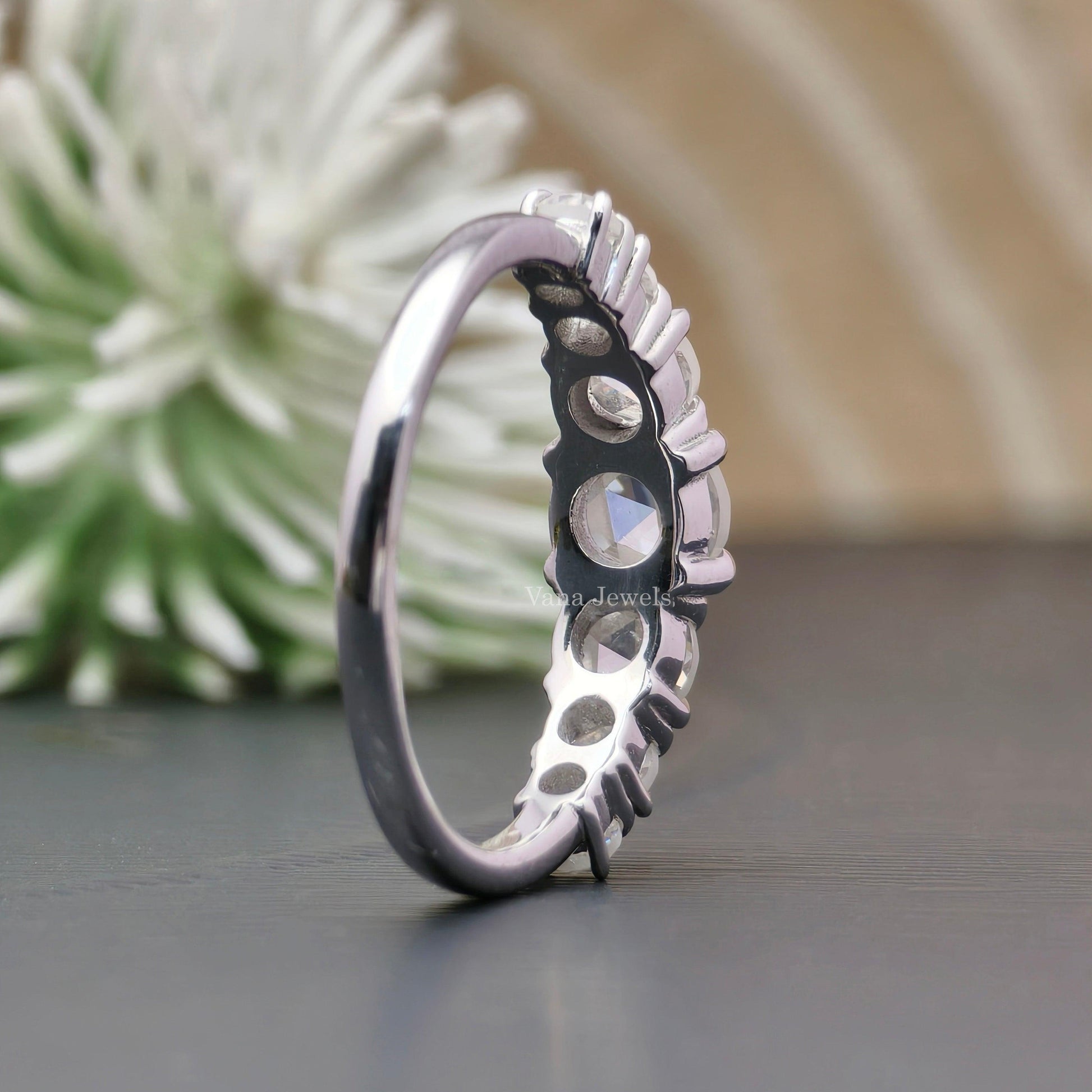 Round Rose Cut Colorless Moissanite Wedding Band, Seven Stone Half Eternity Band. - Vana Jewels