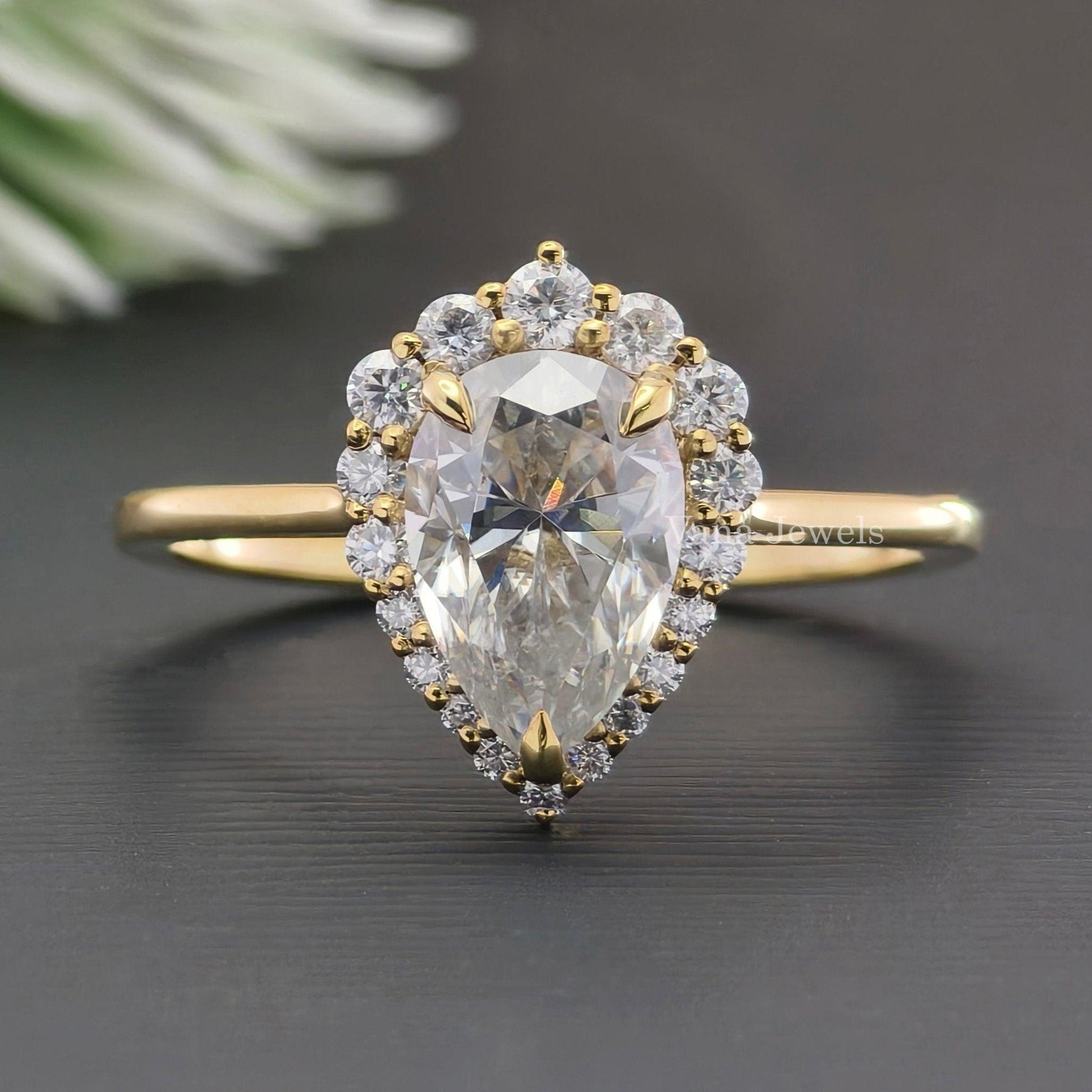 Amazing 1.37 CT Pear Cut Moissanite Halo Engagement Ring, 14K Yellow Gold Bridal Ring - Vana Jewels