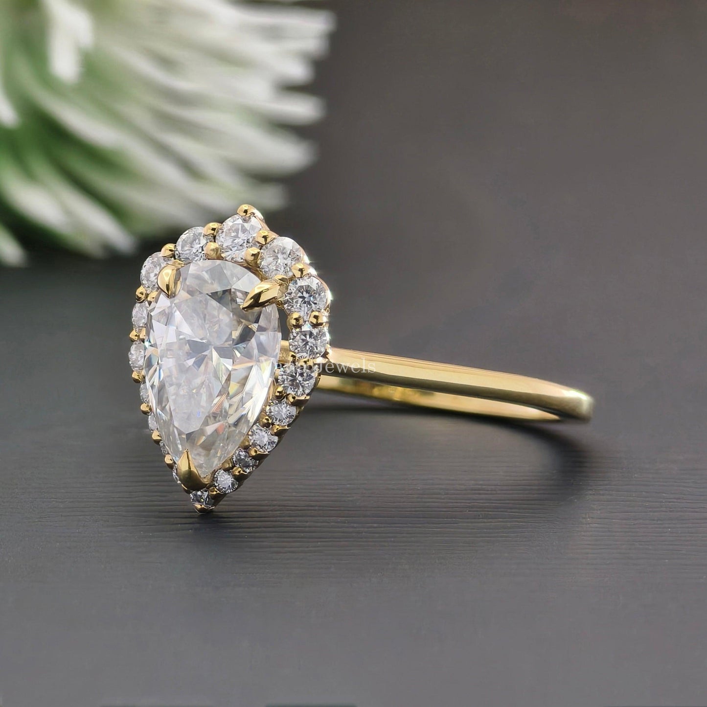 Amazing 1.37 CT Pear Cut Moissanite Halo Engagement Ring, 14K Yellow Gold Bridal Ring - Vana Jewels