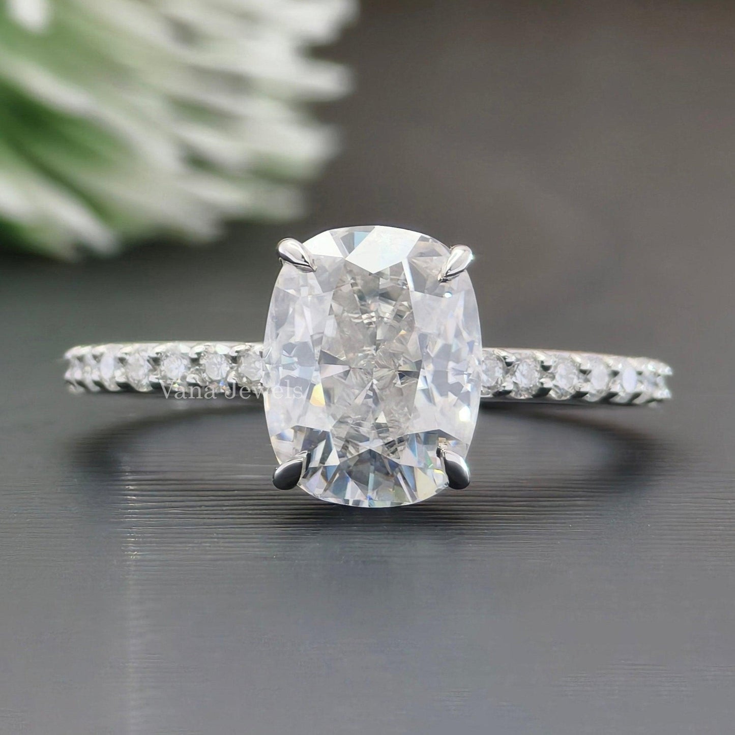 2.48 CT Elongated Cushion Cut Hidden Halo Pave Set Moissanite Engagement Ring - Vana Jewels