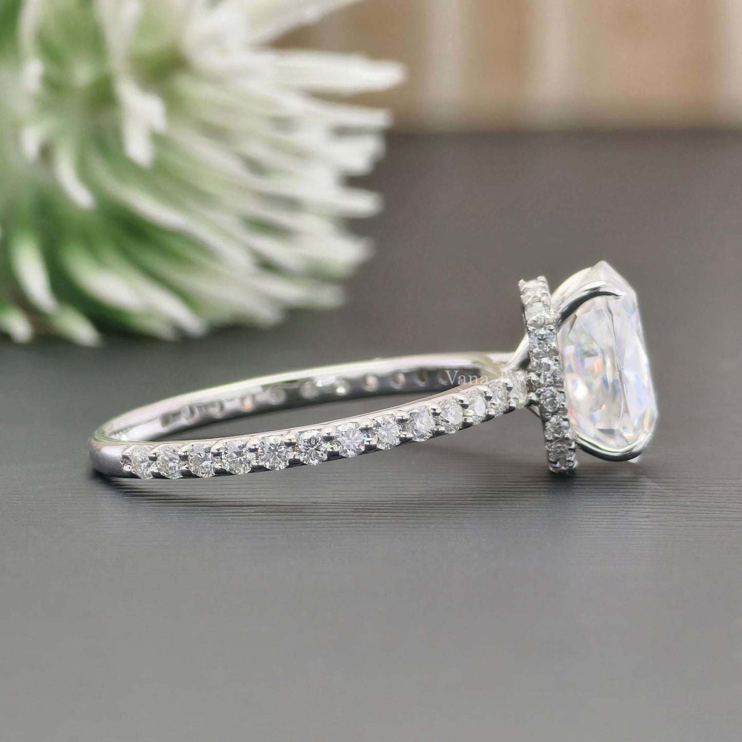 2.48 CT Elongated Cushion Cut Hidden Halo Pave Set Moissanite Engagement Ring - Vana Jewels