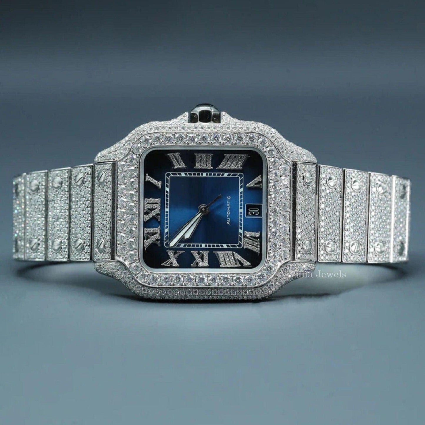 Real VVS Moissanite Diamond Studded Automatic Watch with Blue Dial - Vana Jewels