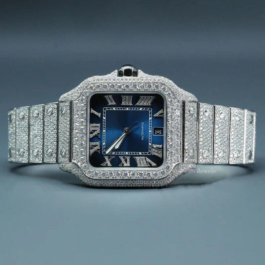 Real VVS Moissanite Diamond Studded Automatic Watch with Blue Dial - Vana Jewels