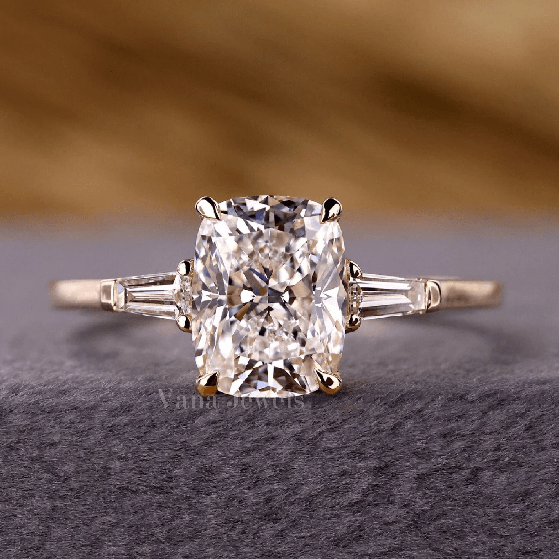 Cushion Cut Lab Created Diamond Three Stones Engagement Ring - Vana Jewels