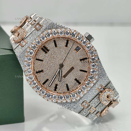 Custom Moissanite Watch, Luxury Two-Tone Moissanite Watch, Fully Iced Out Watch