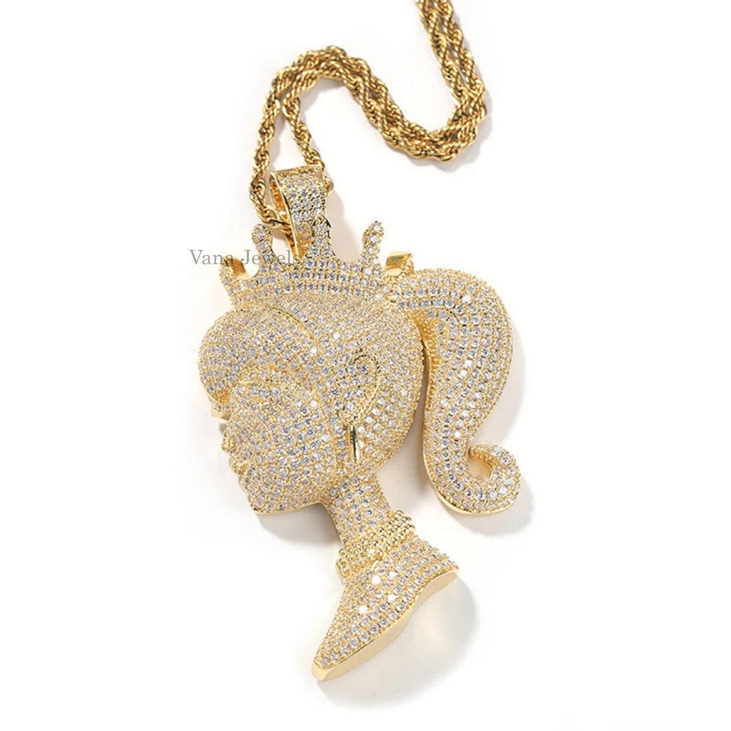 Hiphop Crown Girl Full Custom Diamond Pendant - Vana Jewels