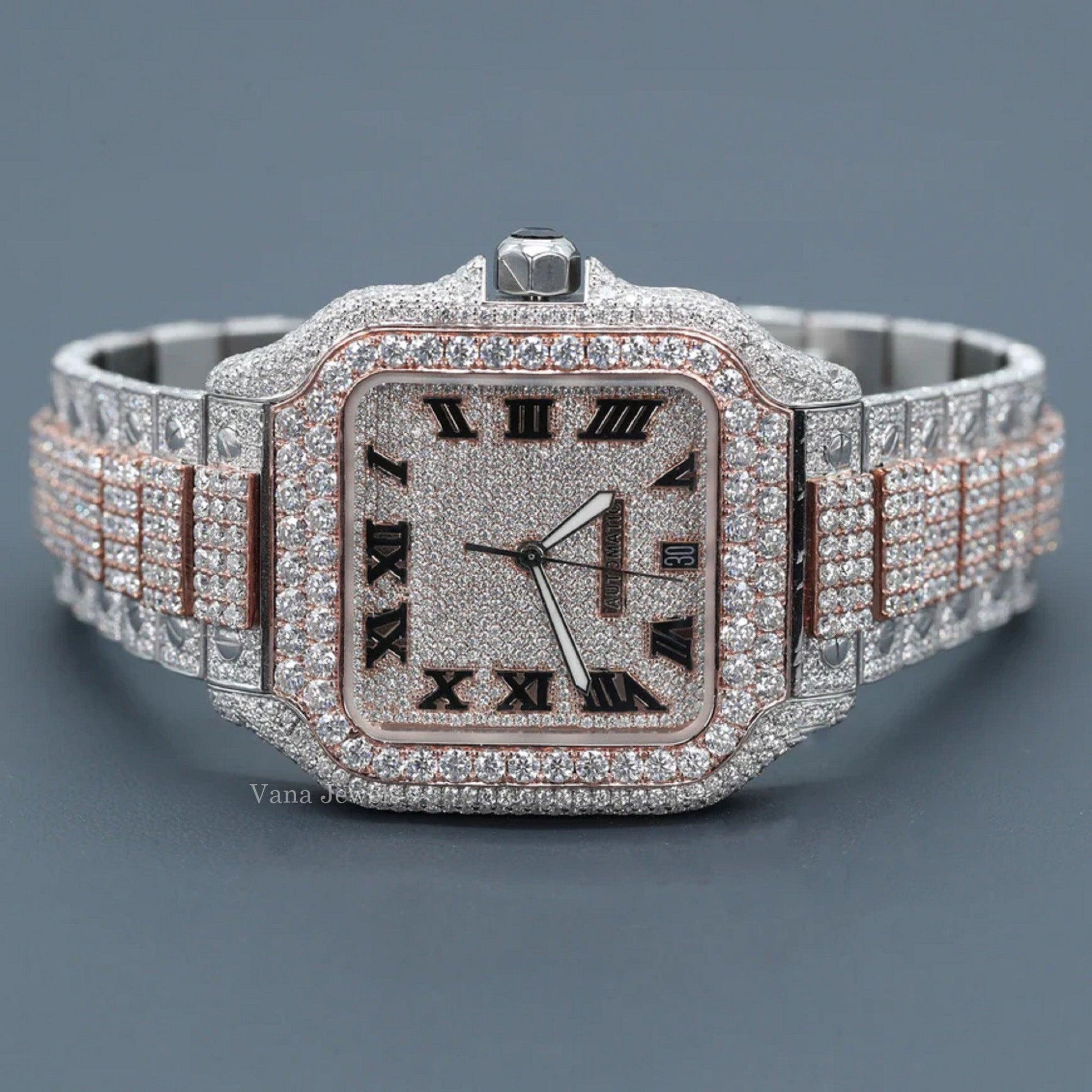 Two-Tone Roman Dial Fully Iced Out Diamond Automatic Watch - Vana Jewels