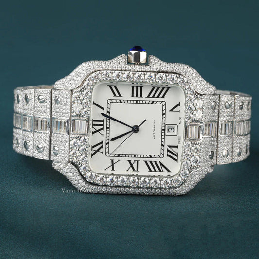 Luxury Iced Out Moissanite Diamond Watch, Round and Baguette Cut Moissanite Watch for Men - Vana Jewels