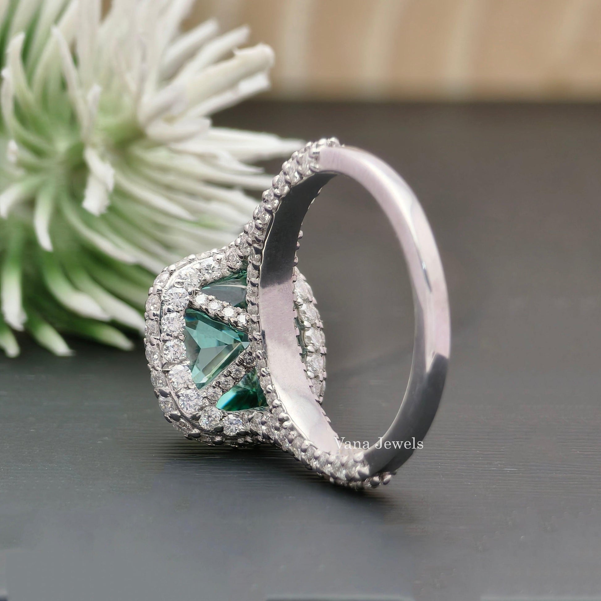 2.58 CT Cushion Cut Green Moissanite Halo Engagement Ring - Vana Jewels