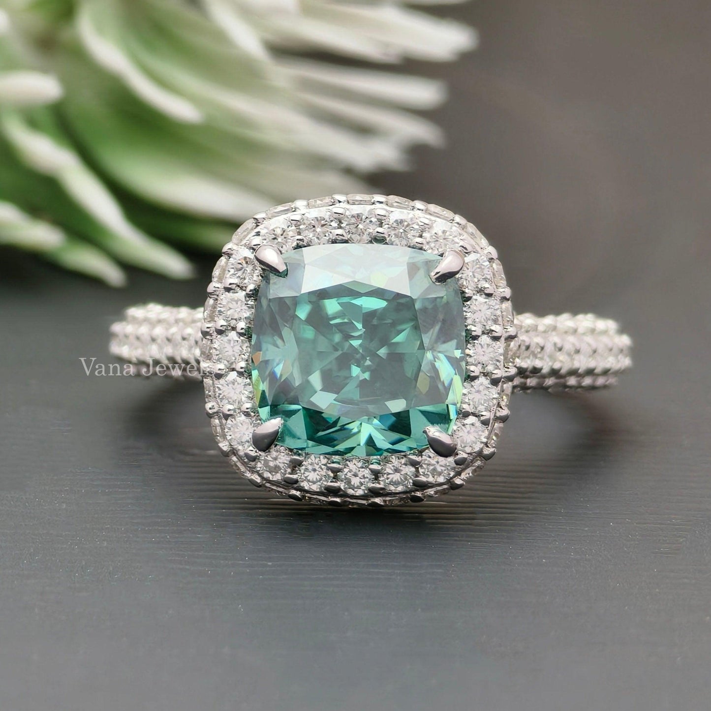 2.58 CT Cushion Cut Green Moissanite Halo Engagement Ring - Vana Jewels