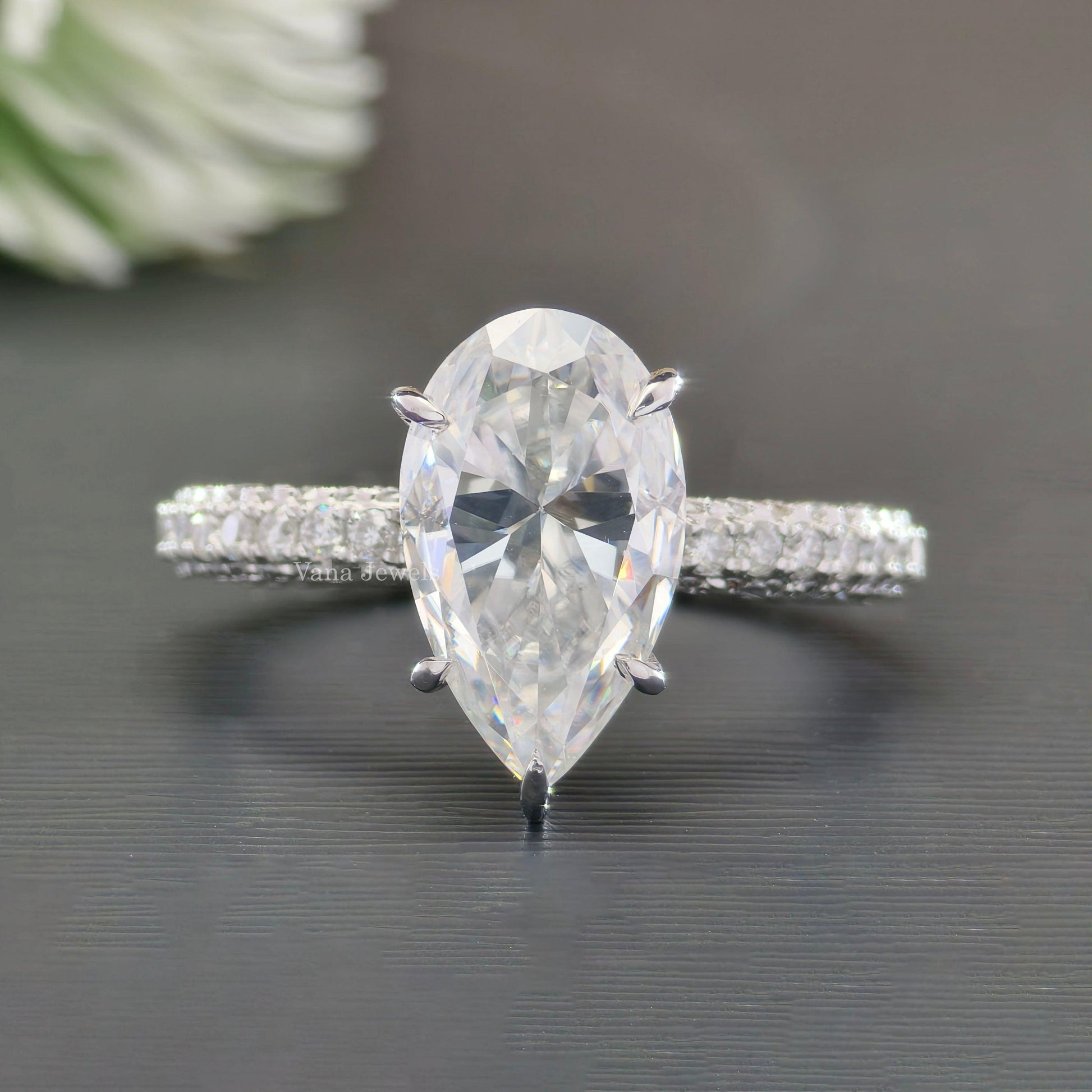 4.24 CT Pear Moissanite Diamond Engagement Ring, Halo Wedding Ring, Three-Sided Pave Band. - Vana Jewels