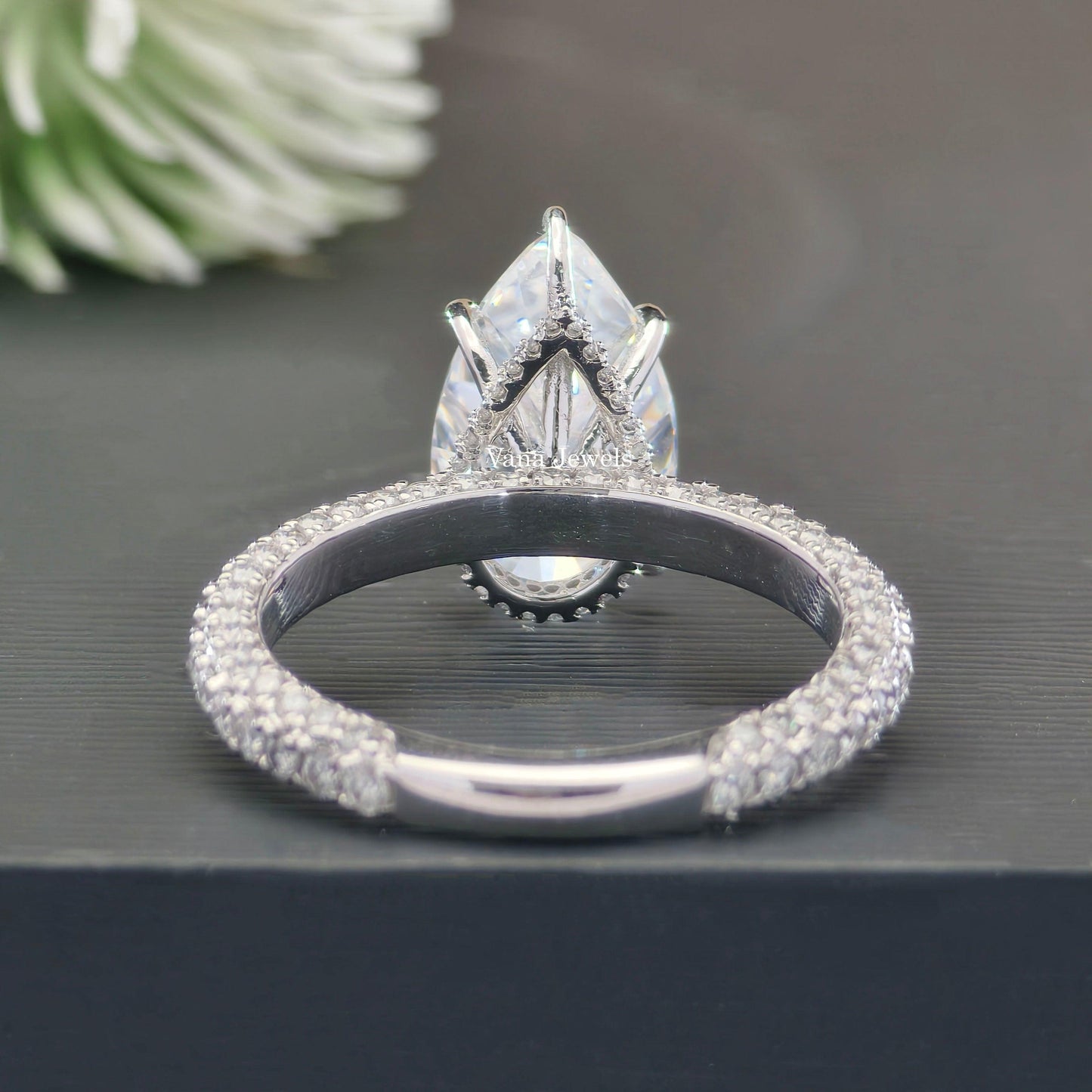 4.24 CT Pear Moissanite Diamond Engagement Ring, Halo Wedding Ring, Three-Sided Pave Band. - Vana Jewels