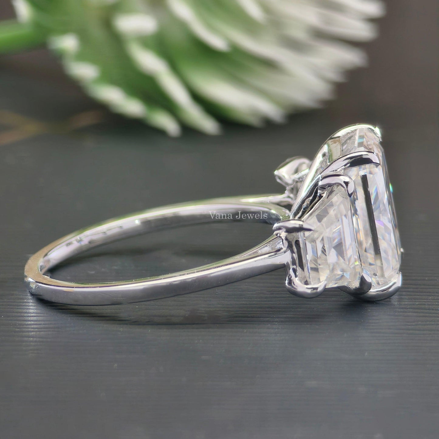 5.03 TCW Trapezoid Baguette and Radiant Three Stones Engagement Ring - Vana Jewels