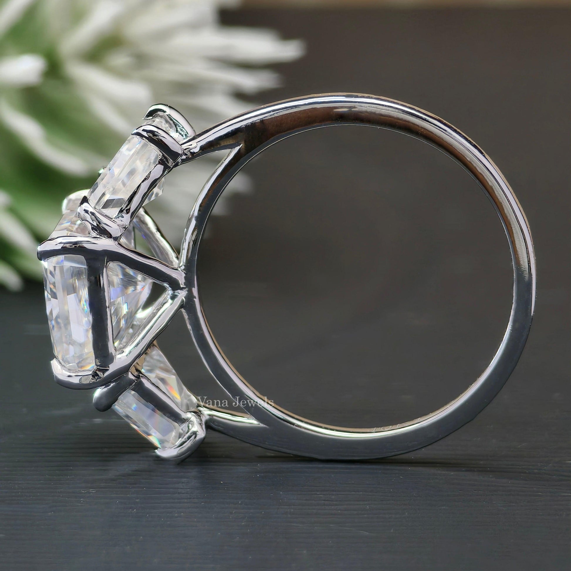 5.03 TCW Trapezoid Baguette and Radiant Three Stones Engagement Ring - Vana Jewels