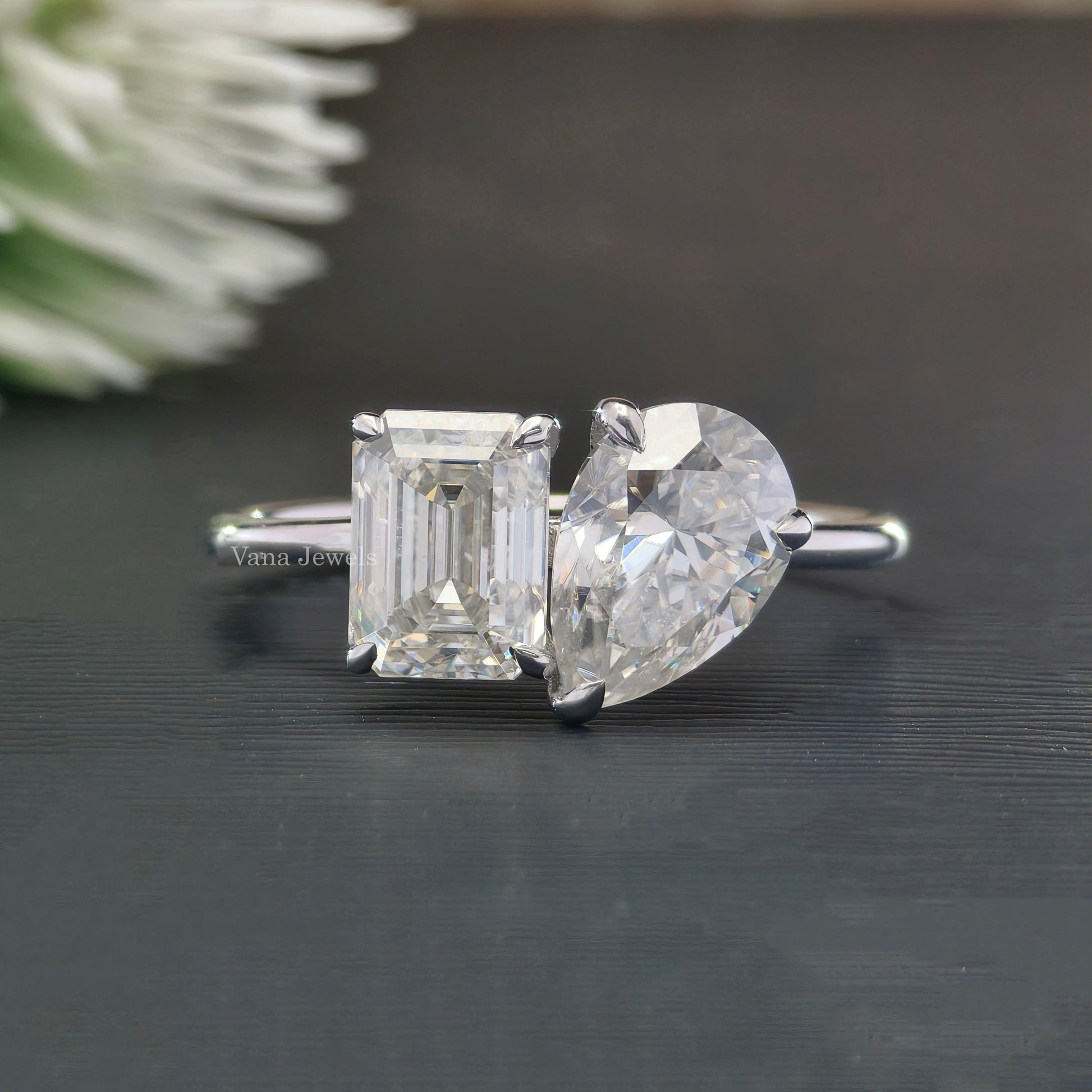 Toi Et Moi Ring, 3.61 CT Emerald & Pear Cut Unique Moissanite Engagement Ring - Vana Jewels