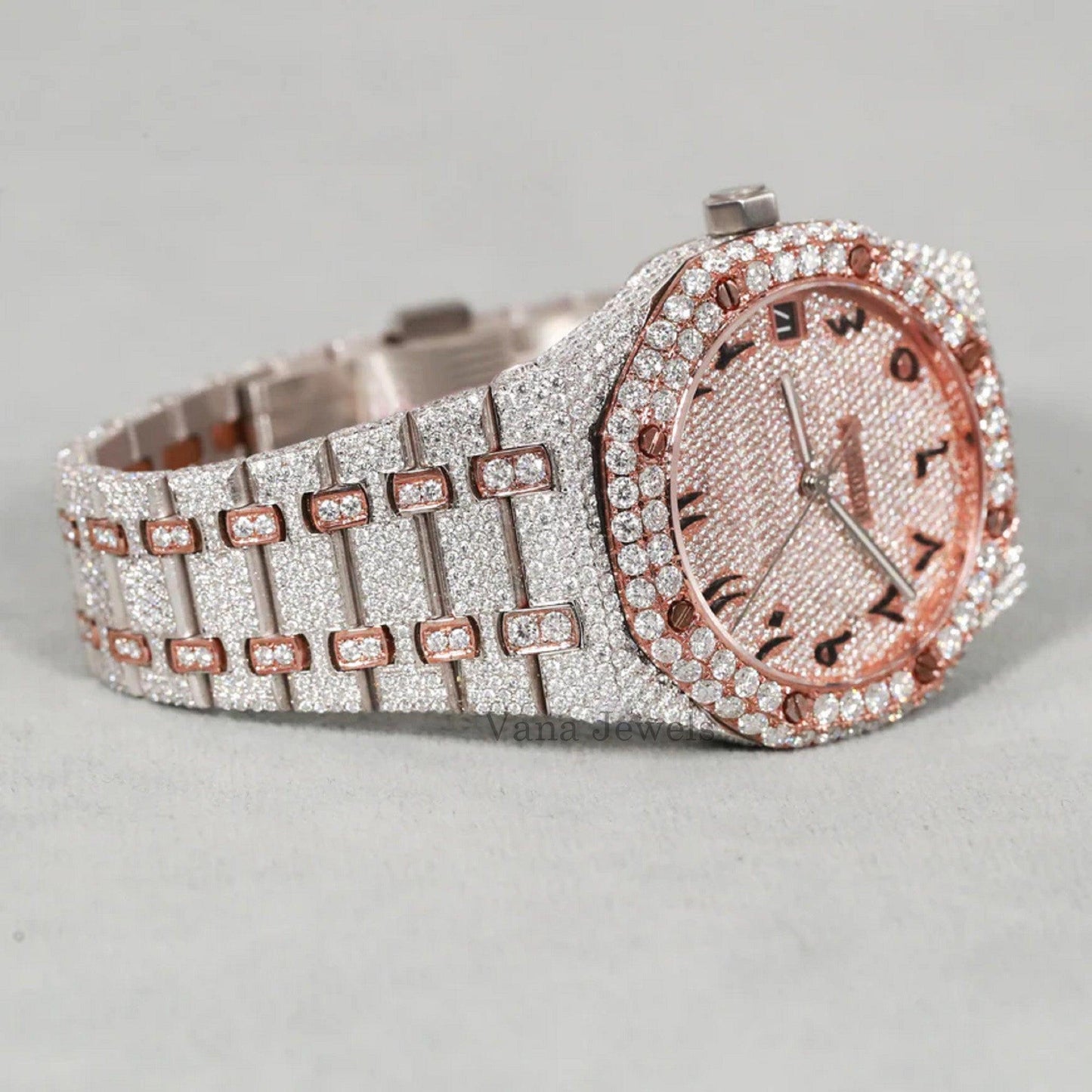 Iced Out Two-Tone Arabic Dial with VVS Moissanite Diamond Watch - Vana Jewels