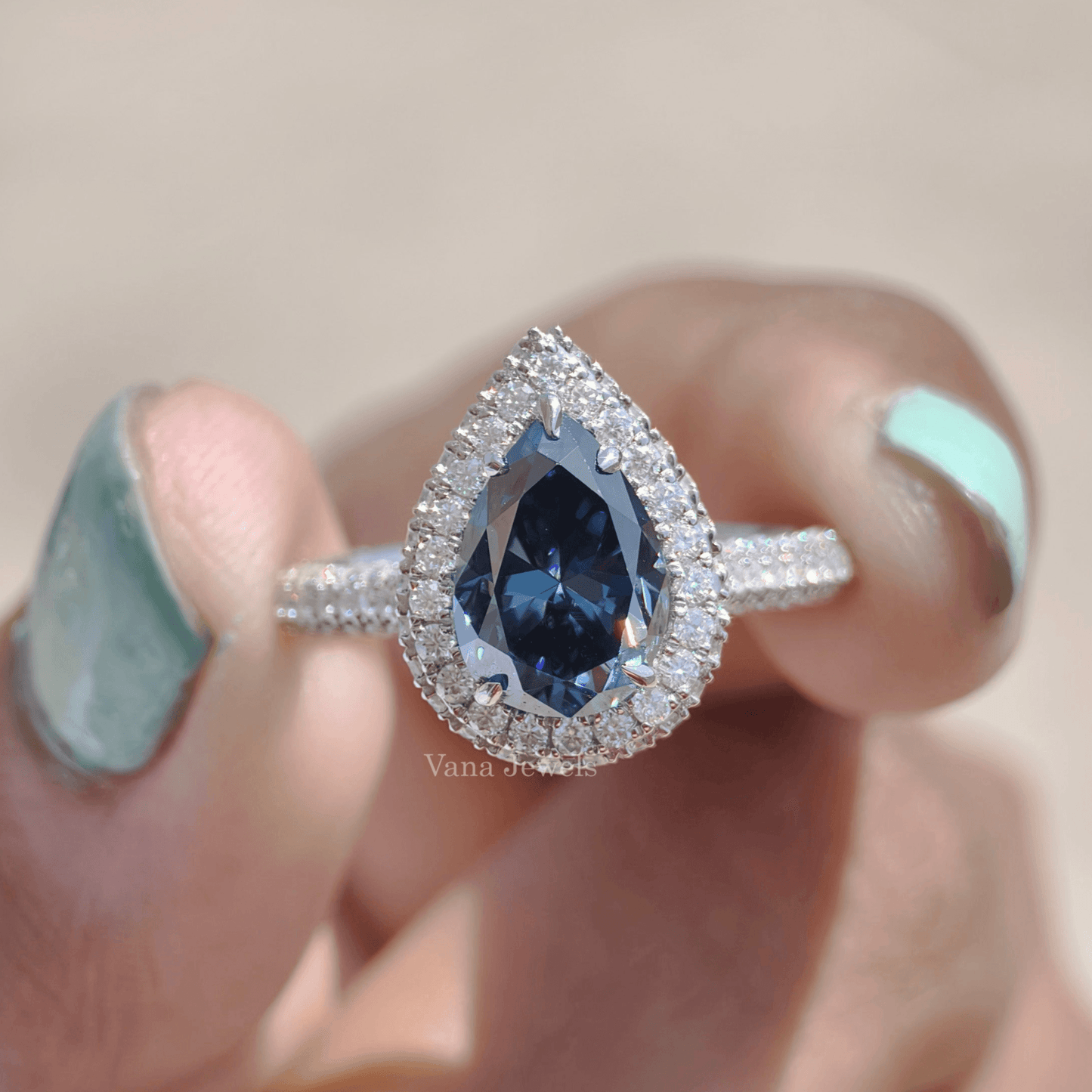 Amazing 3.58 TCW Royal Blue Pear Cut Moissanite Halo Engagement Ring - Vana Jewels