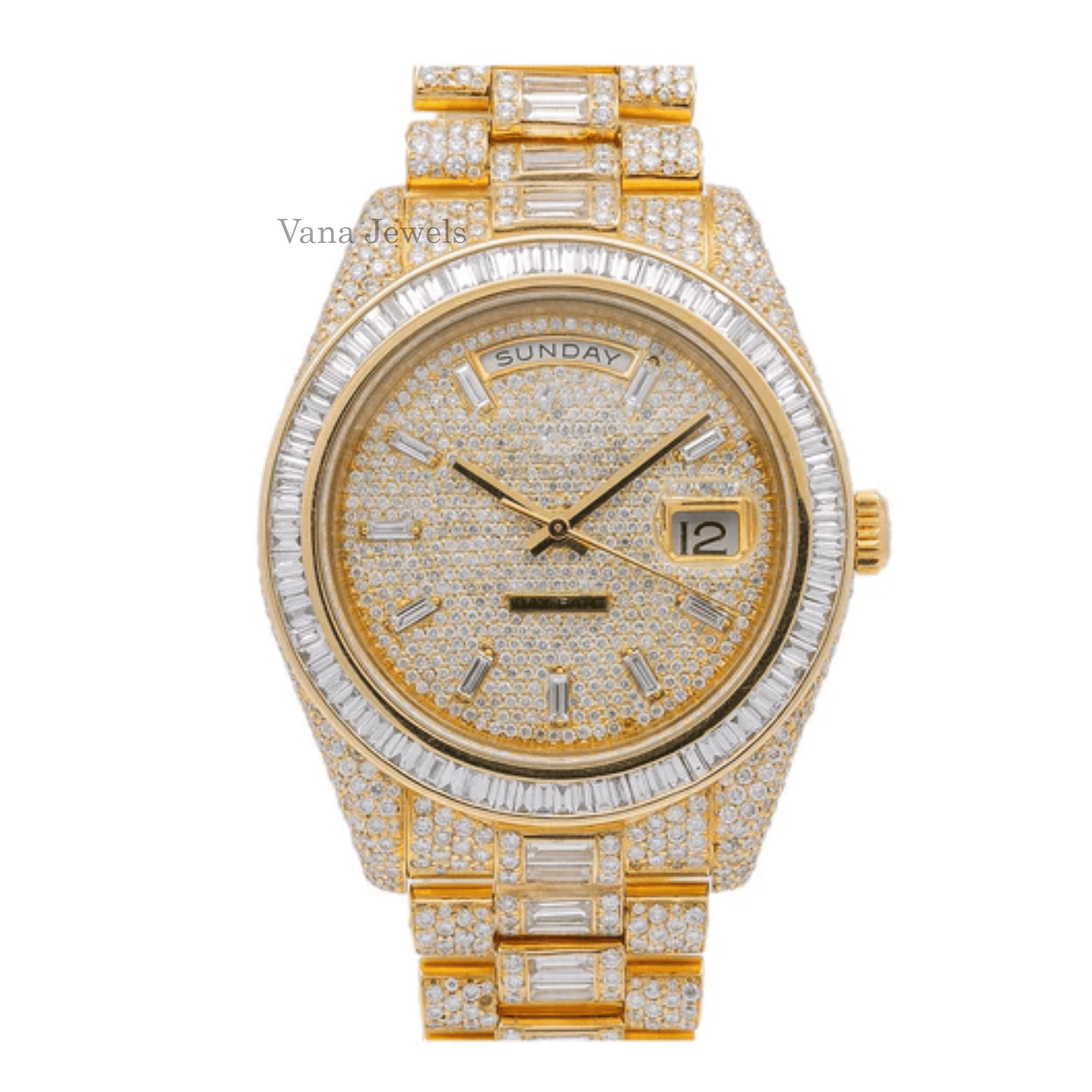 Round & Baguette Cut Moissanite Diamond Iced Out Watch - Vana Jewels