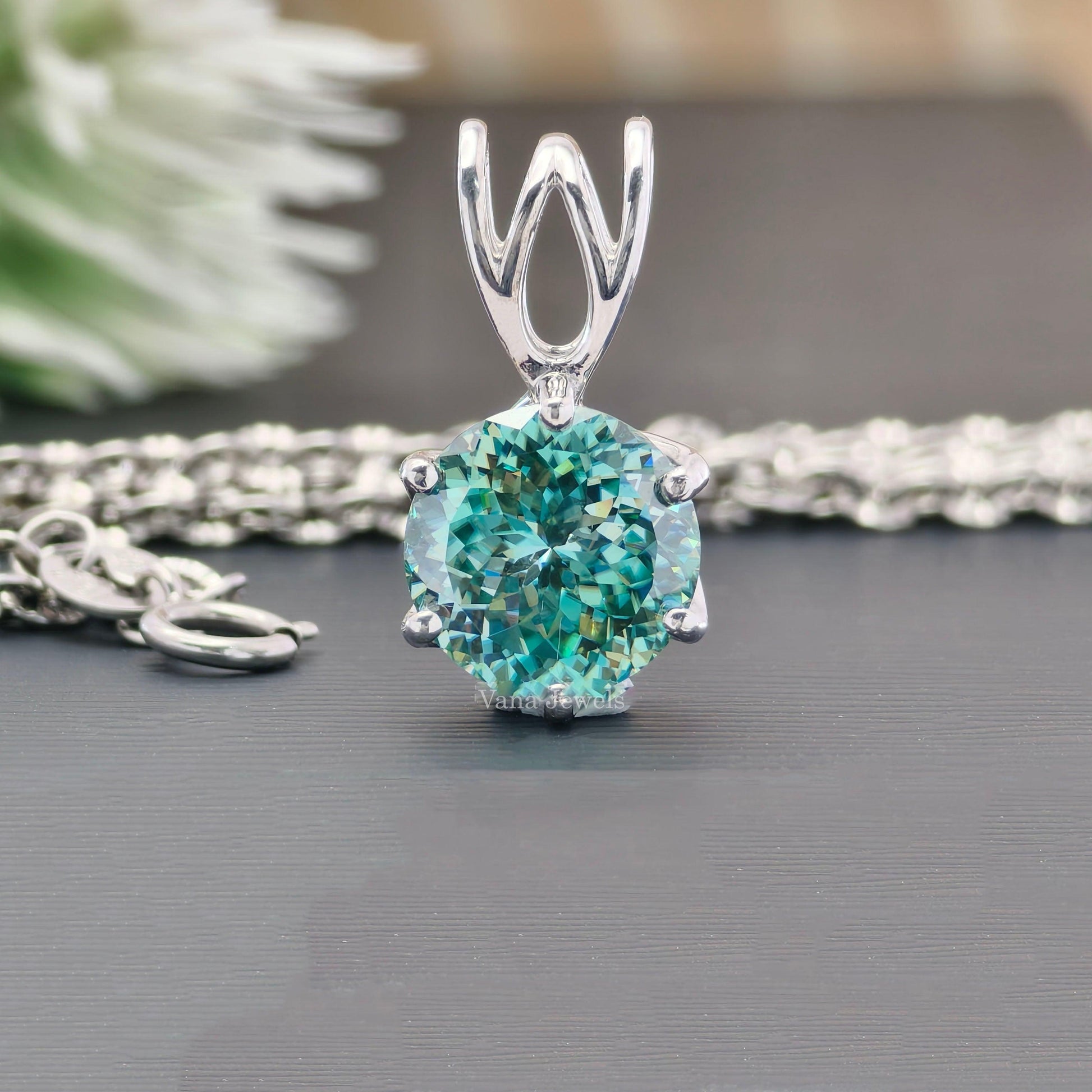 2.93 CT Round Portuguese Cut Cyan Blue Moissanite Pendant, Solitaire Pendant - Vana Jewels