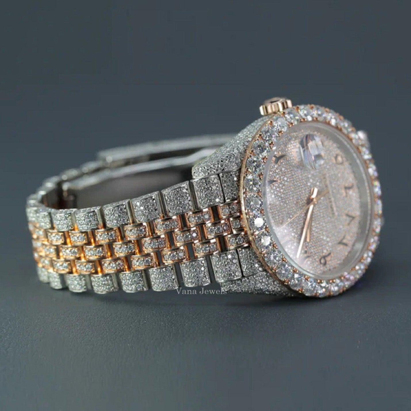 Arabic Dial Two-Tone Rose Gold Fully Iced Out Watch - Vana Jewels