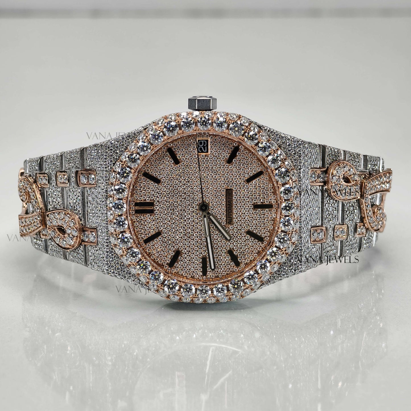 Custom Moissanite Watch, Luxury Two-Tone Moissanite Watch, Fully Iced Out Watch