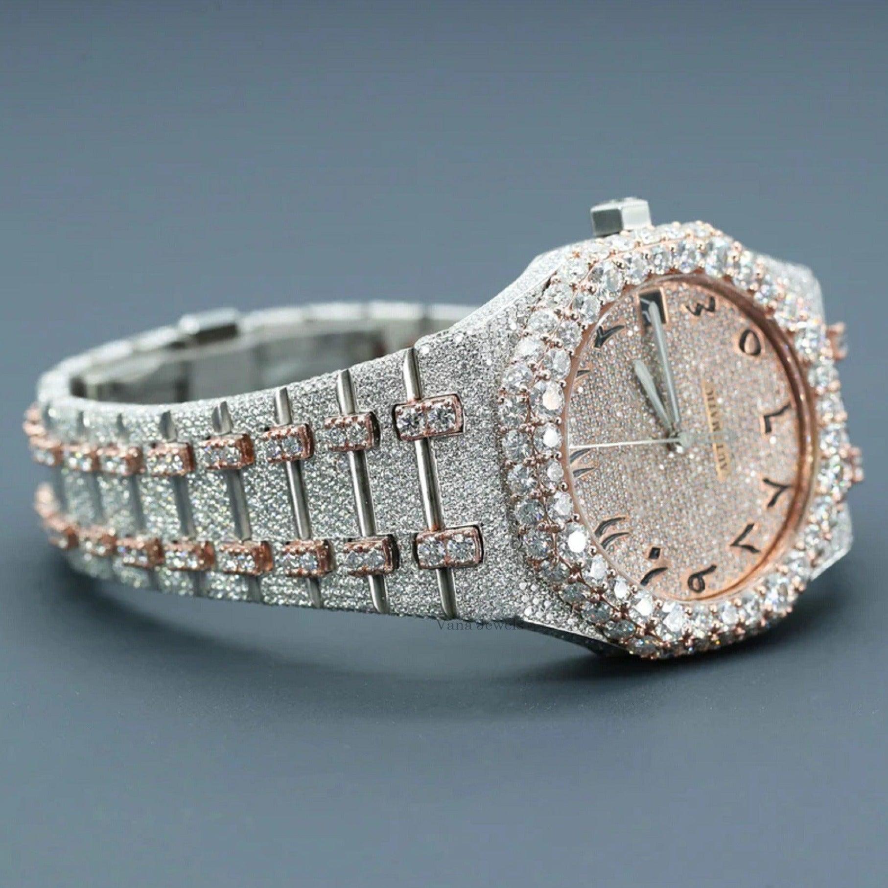 Two-Tone Arabic Dial Fully Iced Out Diamond Automatic Watch - Vana Jewels