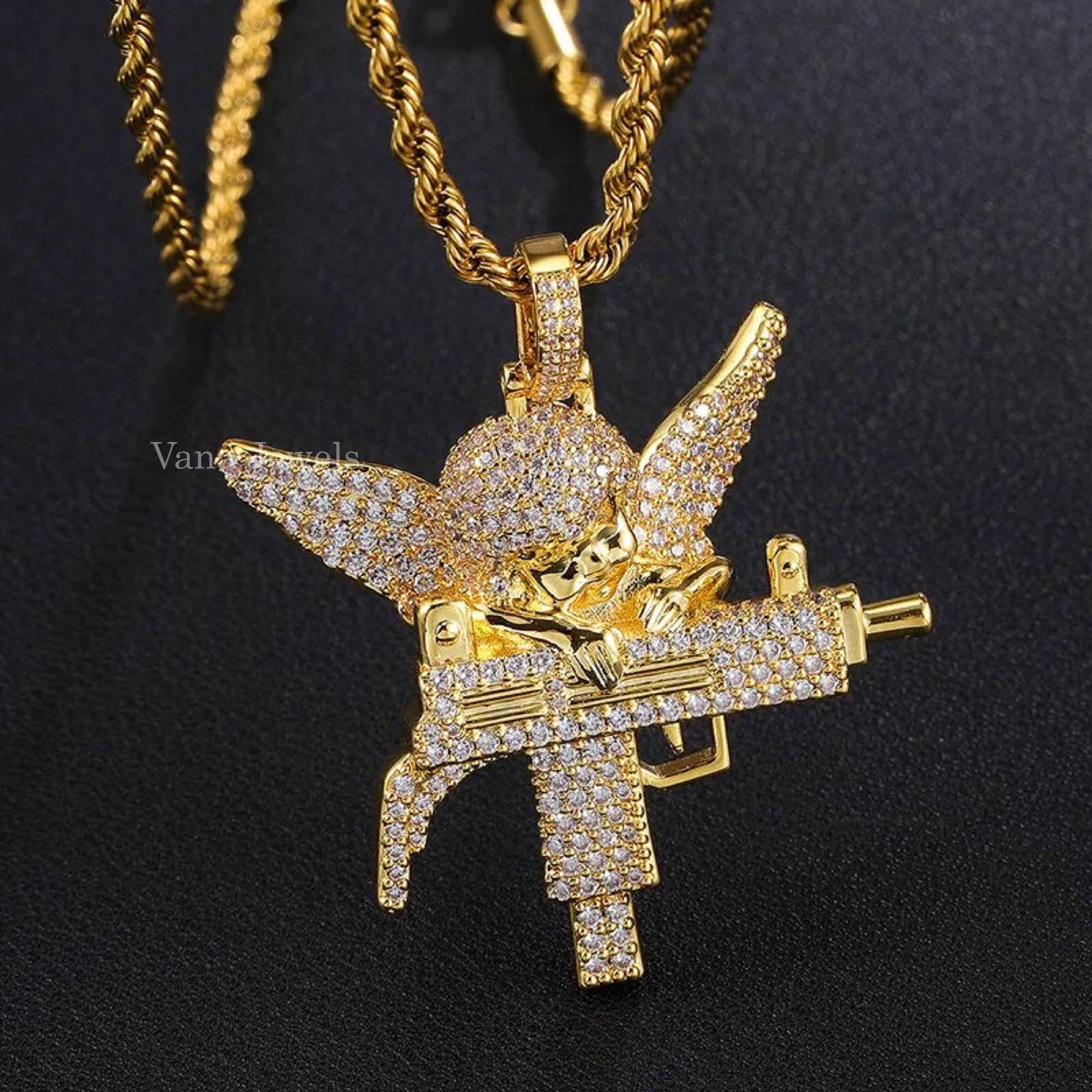 Shooting Angel iced out uzi machine guardian angel bling pendant - Vana Jewels